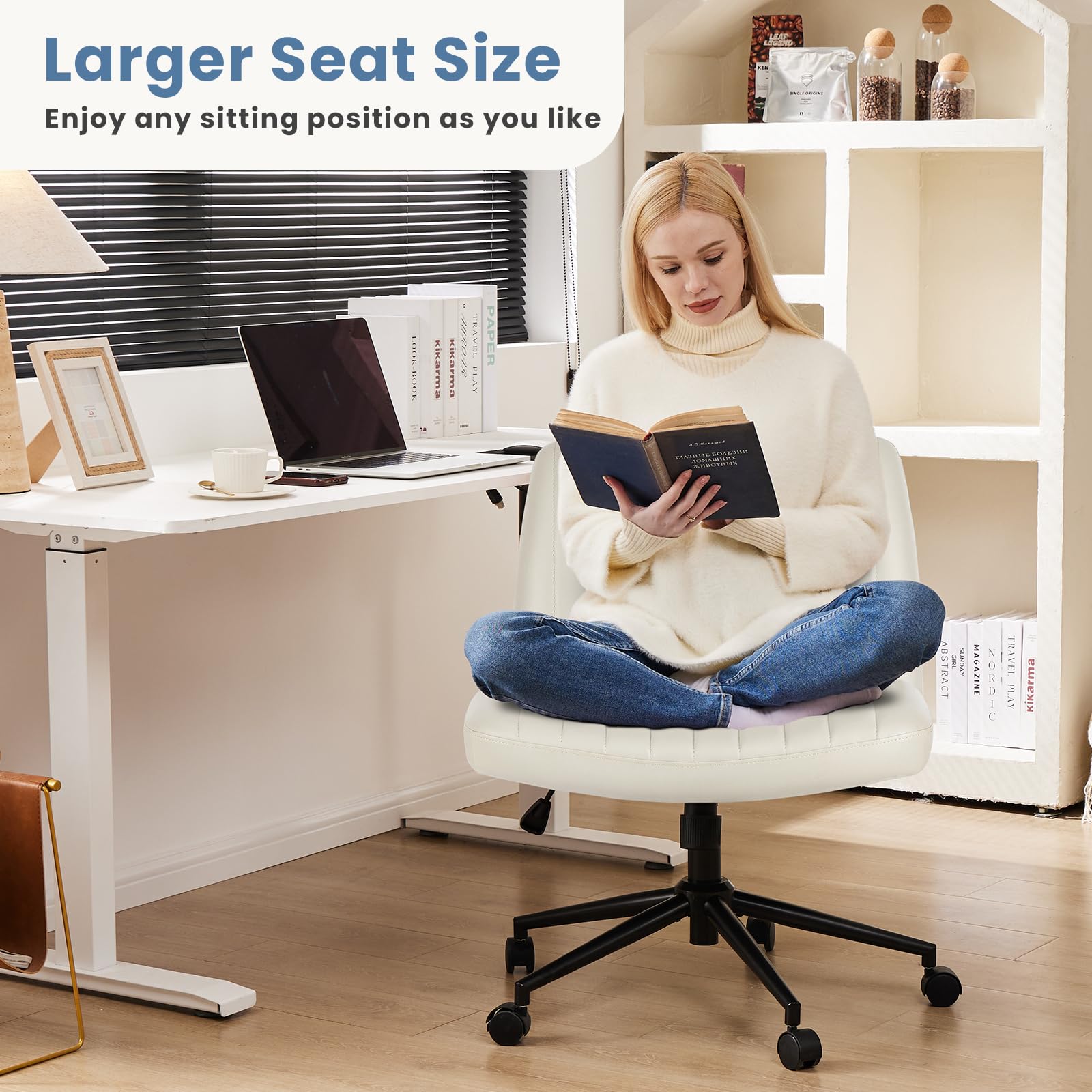 DUMOS Criss Cross Chair with Wheels - Adjustable Swivel Office Chair, Armless Wide Seat with Dual-Purpose Base, Leather Task Vanity Chair for Home Office & Workspace (Cream) - Perfect for Desk Work, Gaming & Study