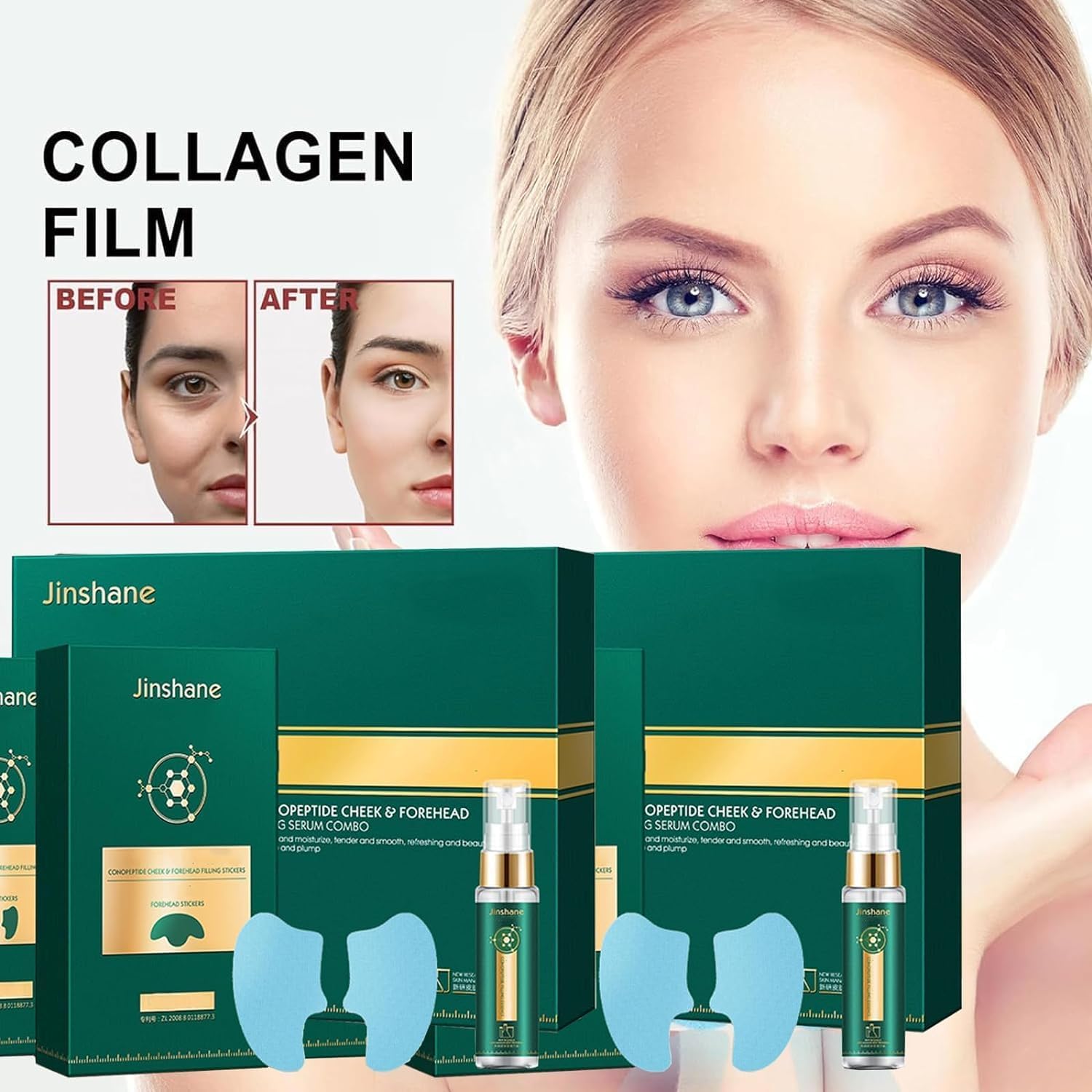 **Jinshane Korean Collagen Mask Set - Conopeptide Freeze-Dried Forehead Mask & Cheek Filling Serum, Soluble Hydrating Face Lifting Film (2-Pack) for Anti-Aging & Skin Rejuvenation – Perfect for Daily Skincare & Spa Treatments**
