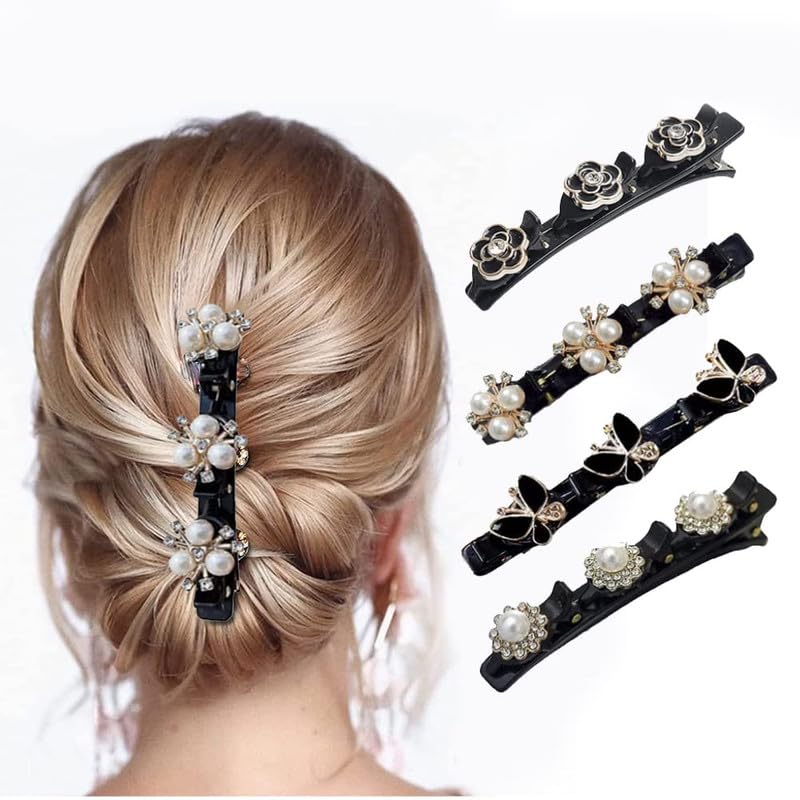 4 Pcs Sparkling Crystal Hair Clips Set - Rhinestone Braided Duckbill Clips with 3 Small Clips for Women & Girls, Four-Leaf Clover Design Hair Accessories for Parties, Weddings & Daily Styling