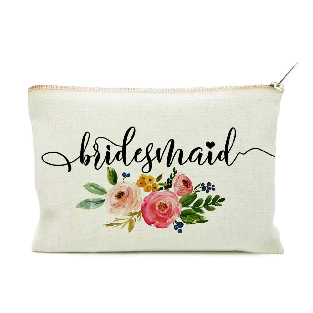 Elegant Linen Makeup Bag for Bridesmaids - Perfect Bridesmaid Proposal Gift, Cosmetic Case for Bridal Party, Wedding Shower Gift - Great for Travel & Bachelorette Parties