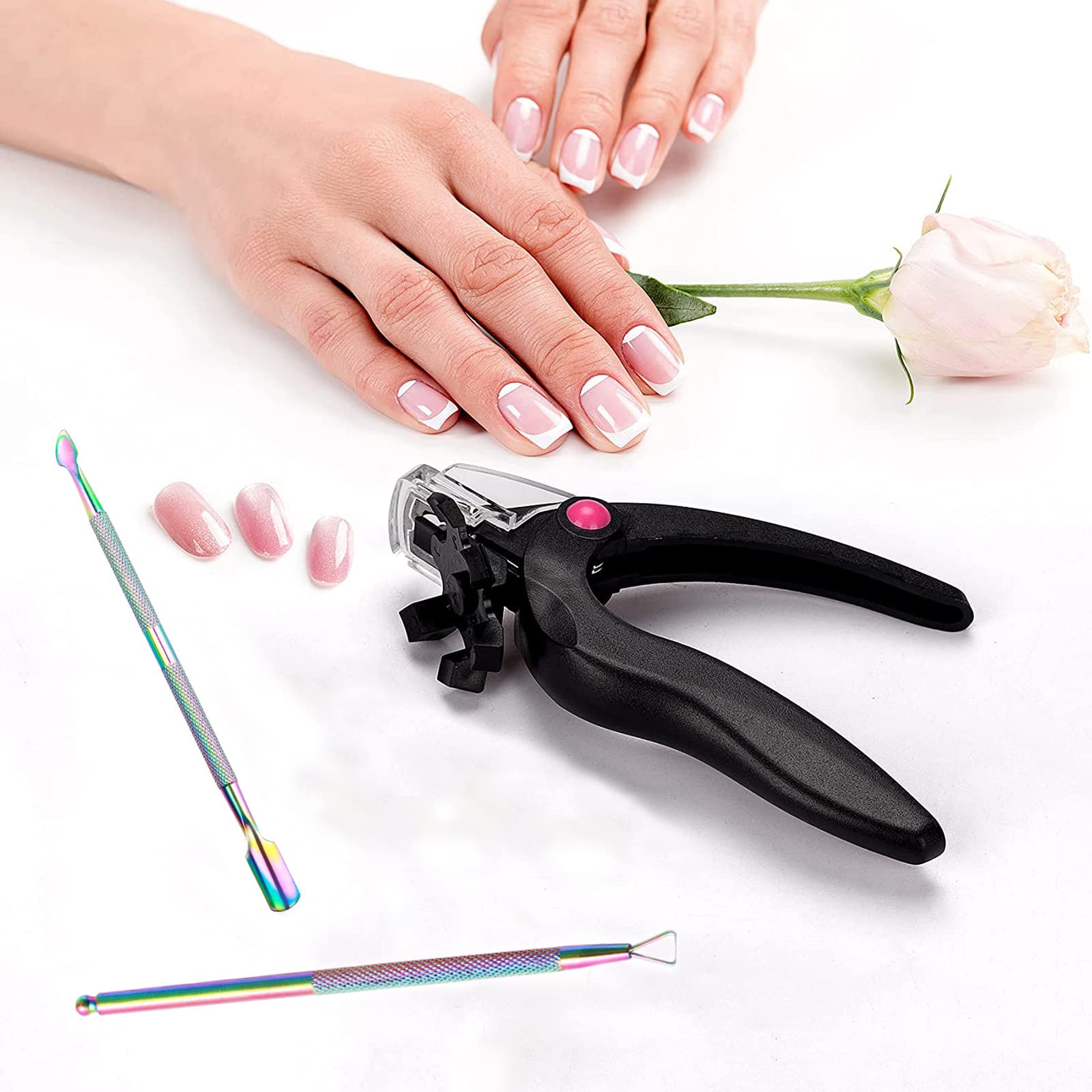Professional Stainless Steel Acrylic Nail Clippers & Cuticle Trimmer Set - False Nail Tip Cutter with Cuticle Pusher for Salon, Home Manicure & Nail Art - Perfect for Gel, Acrylic & False Nails