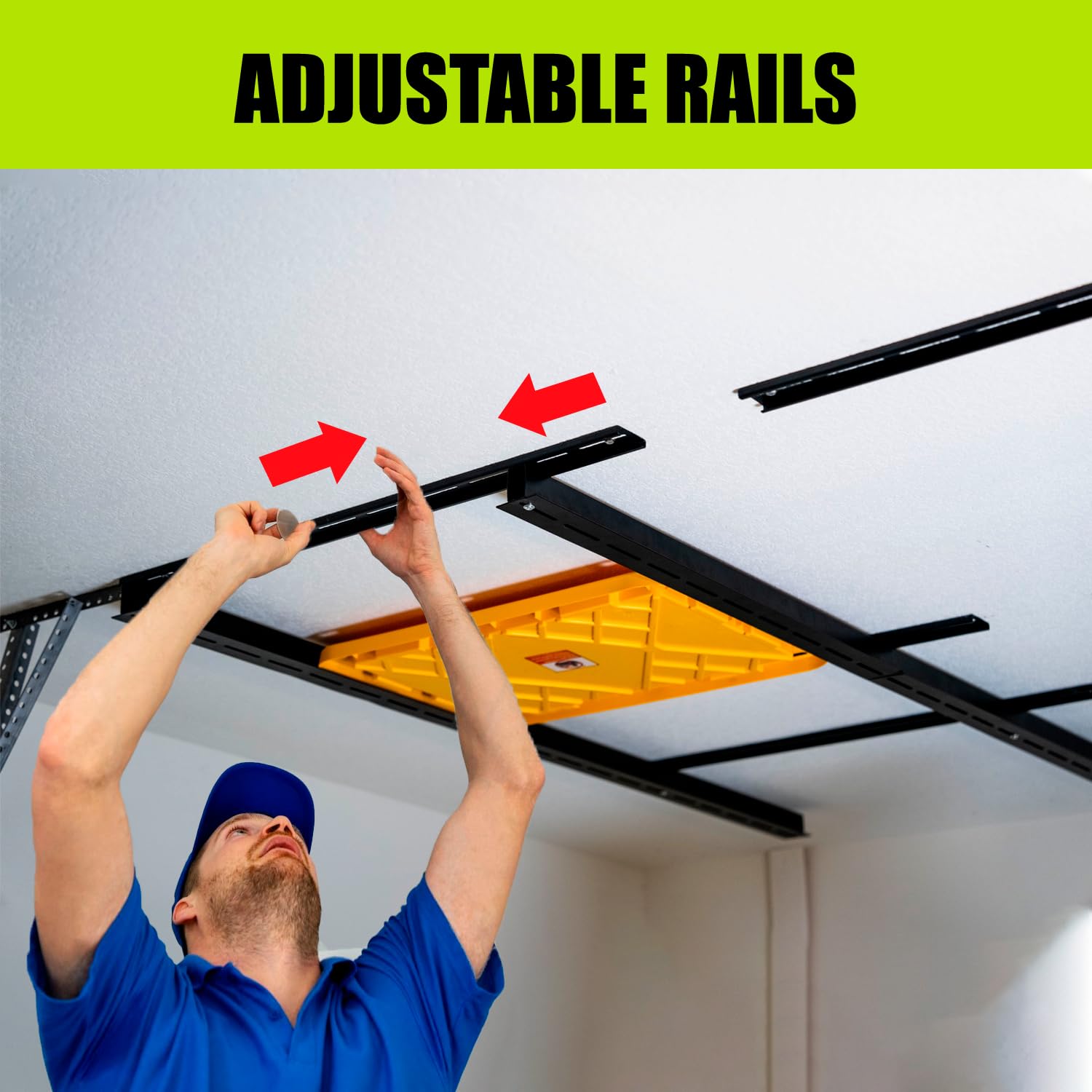 Heavy Duty Adjustable Garage Ceiling Storage Rack - Overhead Tote Slide Rail System for Garage Organization | Black (MR0001) | Perfect for Storing Bins, Seasonal Items & Sports Equipment