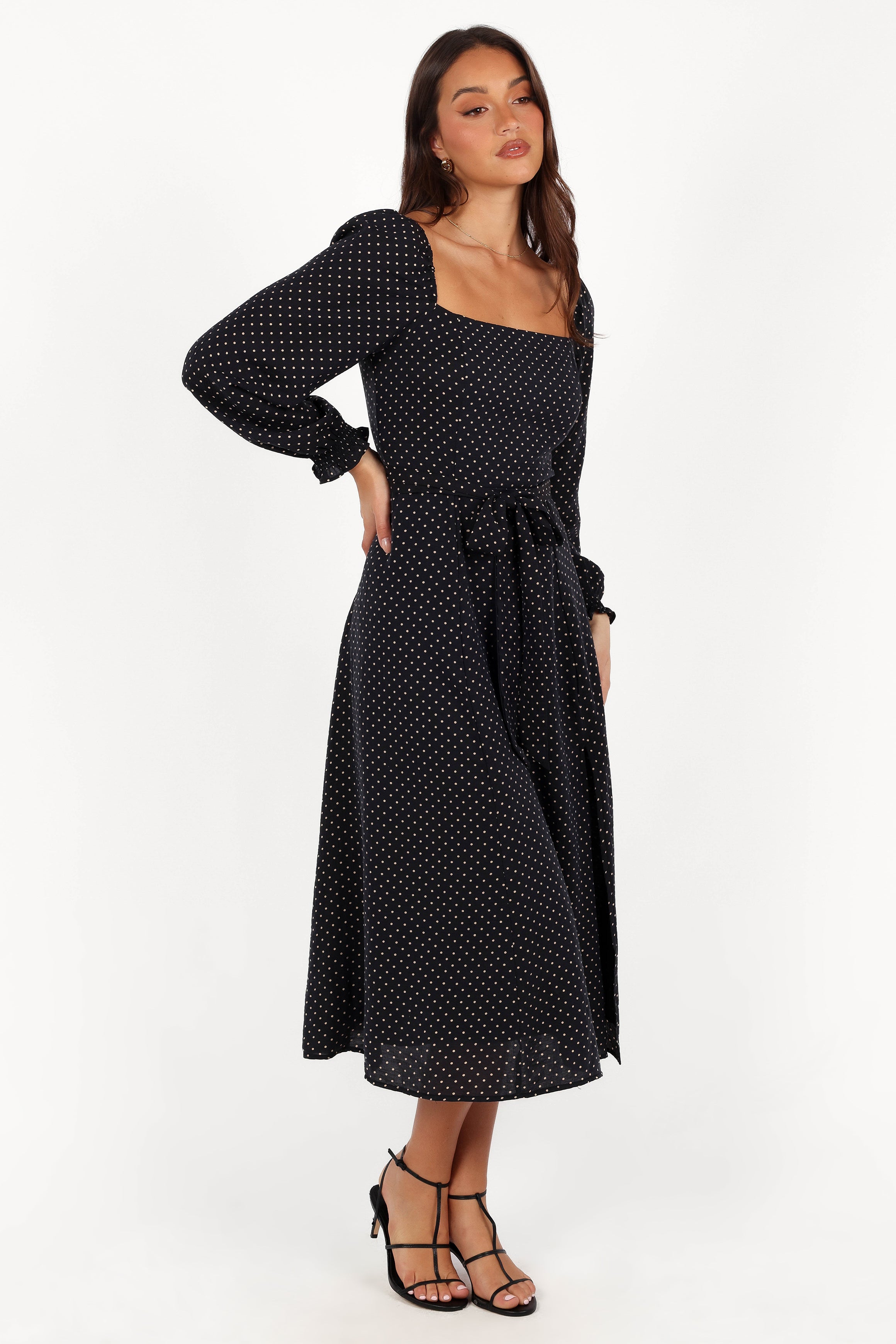 Ettie Women's Long Sleeve Midi Dress - Black Polka Dot Floral Print Casual Party Wear for Fall & Winter | Office, Date Night, Holiday Outfit