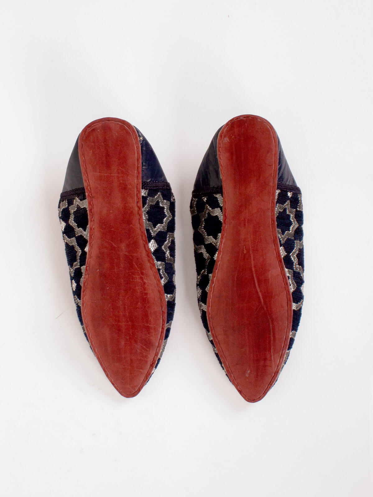 Handmade Moroccan Star Brocade Pointed Toe Babouche Slippers - Indigo Blue Leather House Shoes | Perfect for Home, Lounge & Cultural Fashion