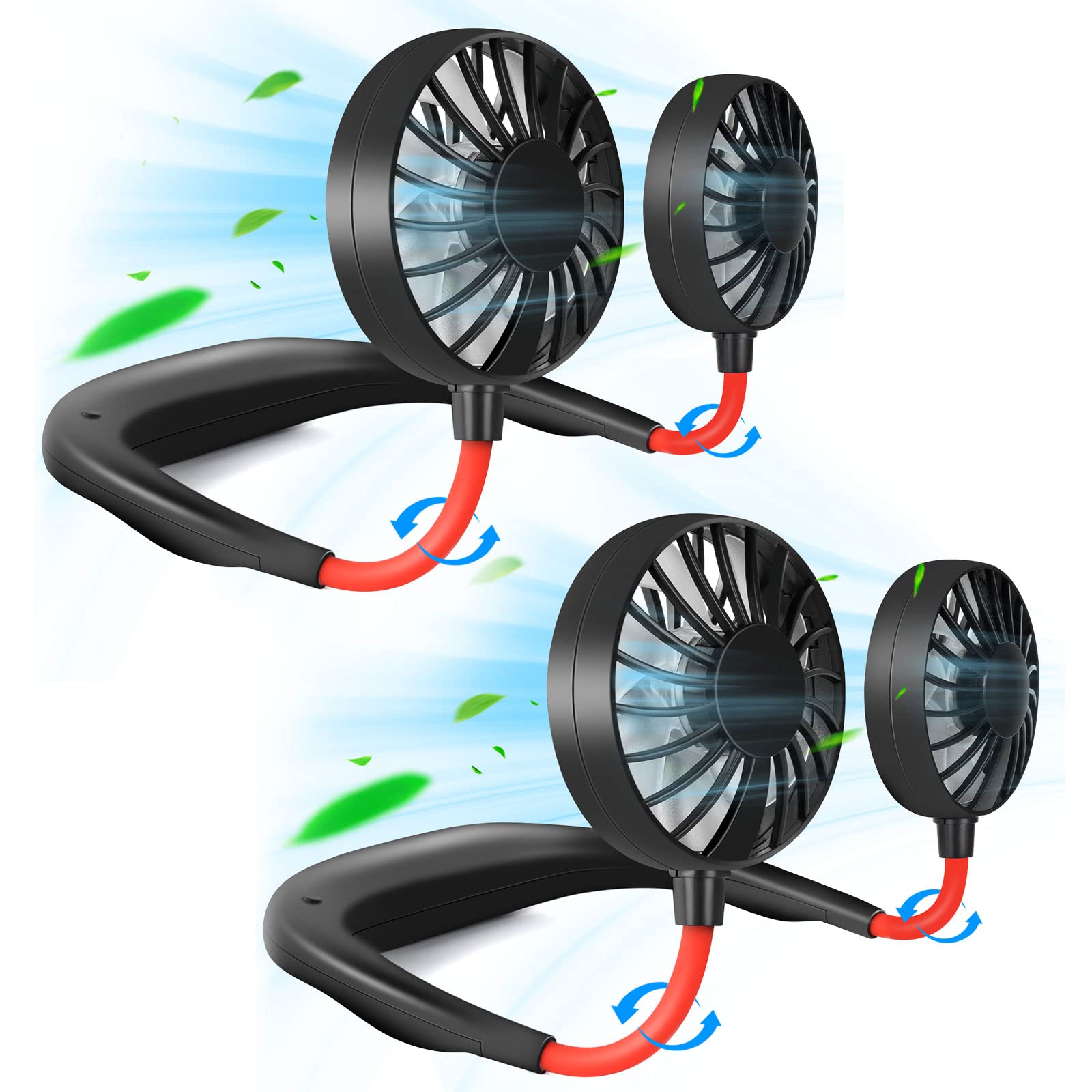 Rechargeable Portable Neck Fan - Hands-Free Wearable Mini USB Fan with 3 Speed Adjustable & 360° Rotation - Ideal for Office, Travel, Sports, Reading (Red & Black 2 Pack) - Stay Cool While Working, Exercising or Relaxing