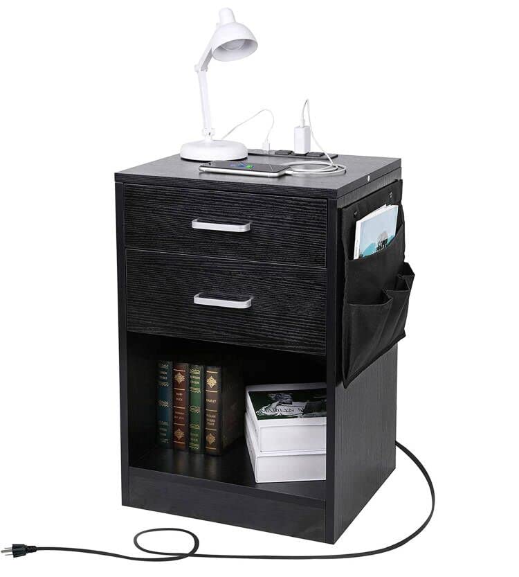 Tolead Nightstand with Charging Station & USB Ports - 2 Wooden Drawers & Open Shelf Bedside Table - Modern End Table for Bedroom, Living Room, Office - Perfect for Phone Charging & Bedroom Storage (Black)