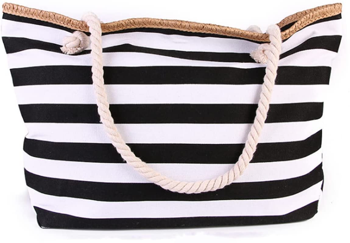 Loinrodi Large Striped Canvas Beach Bag with Top Zipper Closure & Waterproof Lining - Women's Tote Shoulder Bag for Gym, Travel, Pool Day & Summer Vacation Essentials
