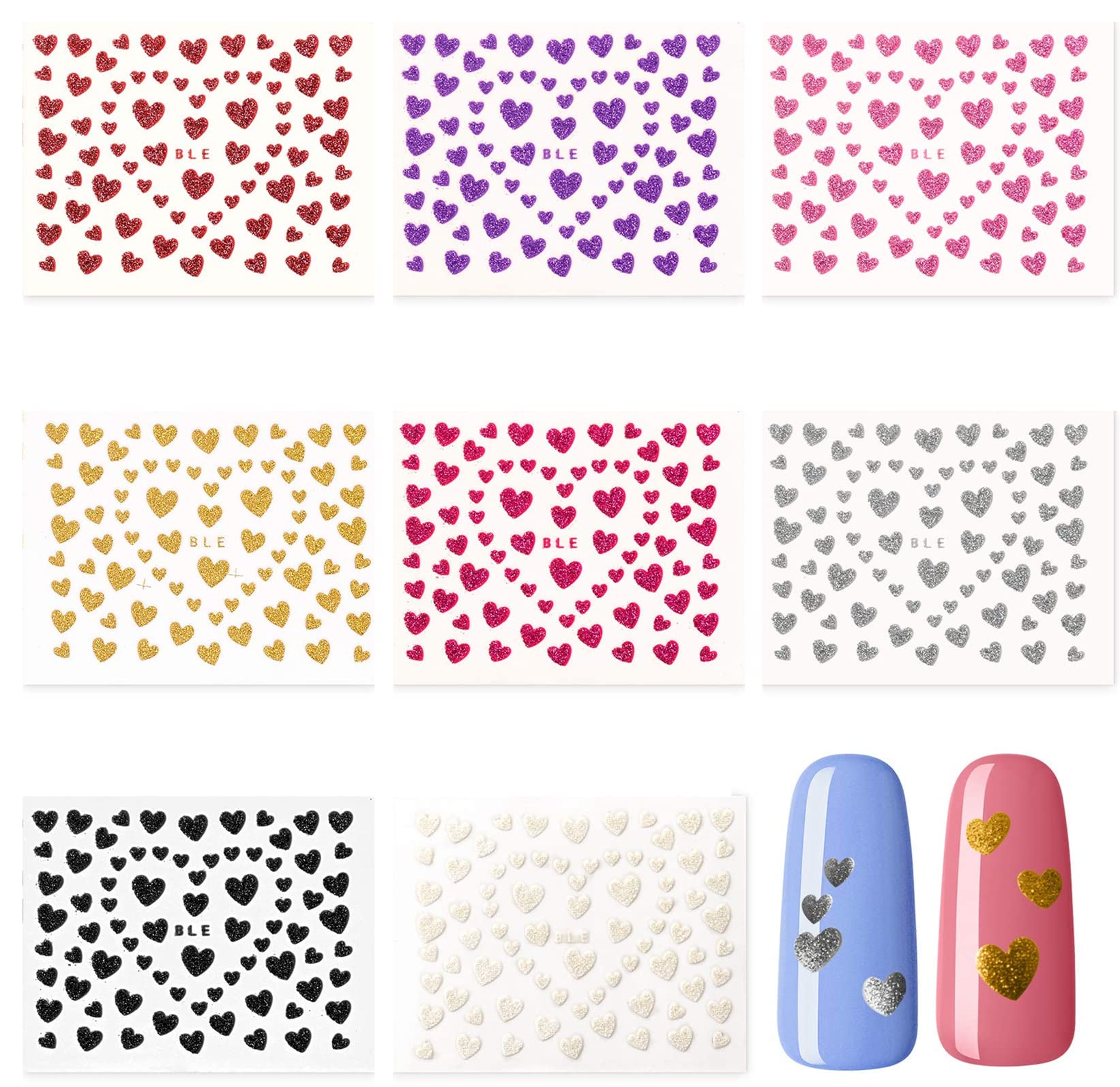 DISIWENE 8 Sheets Heart Nail Art Stickers - Self-Adhesive Nail Decals for Women, Girls & Kids | 8 Color Love Heart Designs | Perfect for Valentine's Day, Parties & DIY Nail Art (Multicolor-8 Sheets)
