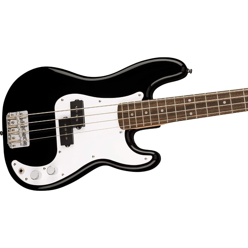 Squier by Fender Mini Precision Bass Guitar - Laurel Fingerboard, Black Finish with 10ft Instrument Cable, 12-Pack Guitar Picks & 2