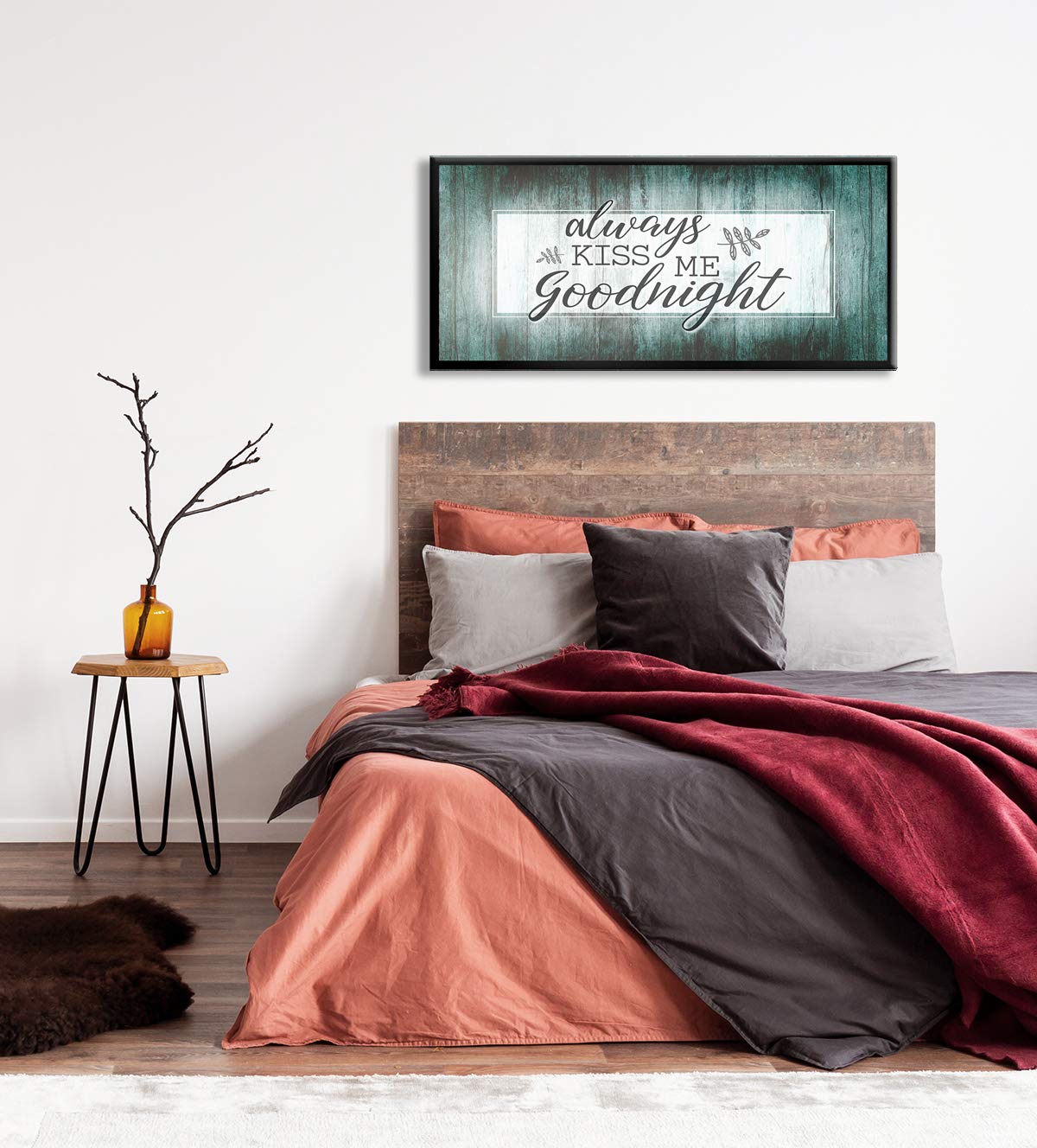 Always Kiss Me Goodnight Framed Wall Art - Large Romantic Bedroom Decor for Couples, Over the Bed Wall Décor in Teal & Black Floating Frame (42x19) - Perfect for Master Bedroom, Wedding Gift & Anniversary Present