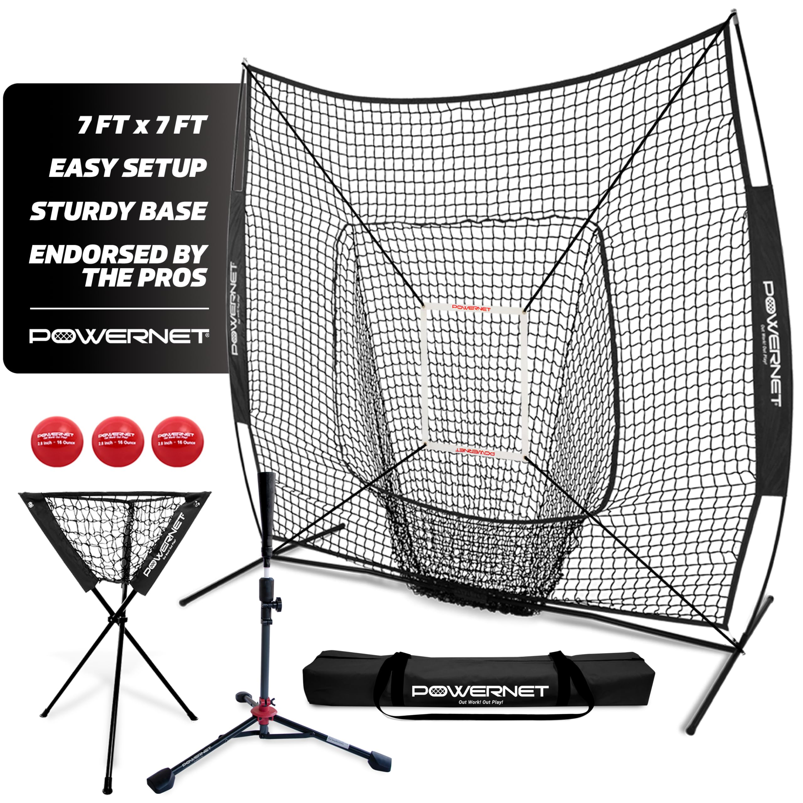 PowerNet 7x7 Baseball & Softball Training Net with Pitching, Batting & Fielding Accessories - Includes Ball Caddy, Weighted Baseballs & Hitting Tee - Perfect for Backyard Practice, Team Drills & Solo Training Sessions