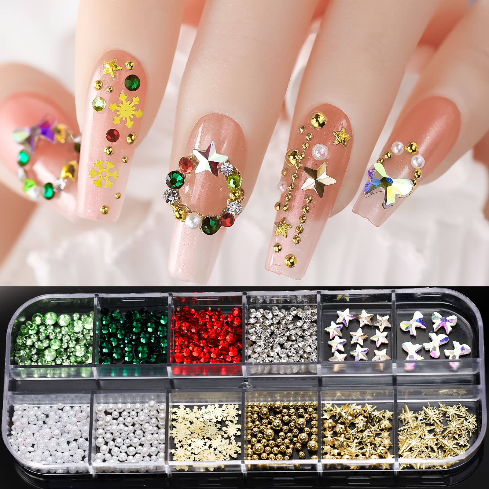 800 PCS Christmas Nail Charms - Green Crystals & Red Rhinestones, Round Flatback Beads, Sparkly Gold Snowflake Sequins for Nail Art, DIY Crafts, Clothing & Shoe Decoration - Perfect for Holiday Nail Designs, DIY Gifts & Festive Party Accessories