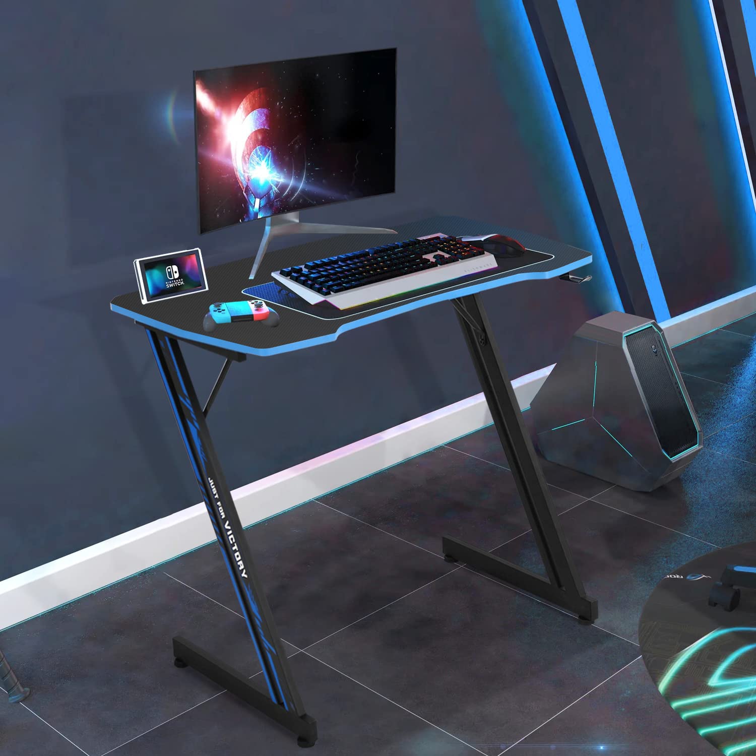 35 Inch Z-Shaped Gaming Computer Desk with Headphone Hook - Carbon Fiber Surface PC Gaming Table for Small Spaces, Home Office & Gaming Setup - Easy Assembly Black Desk for Compact Rooms & Streaming Stations