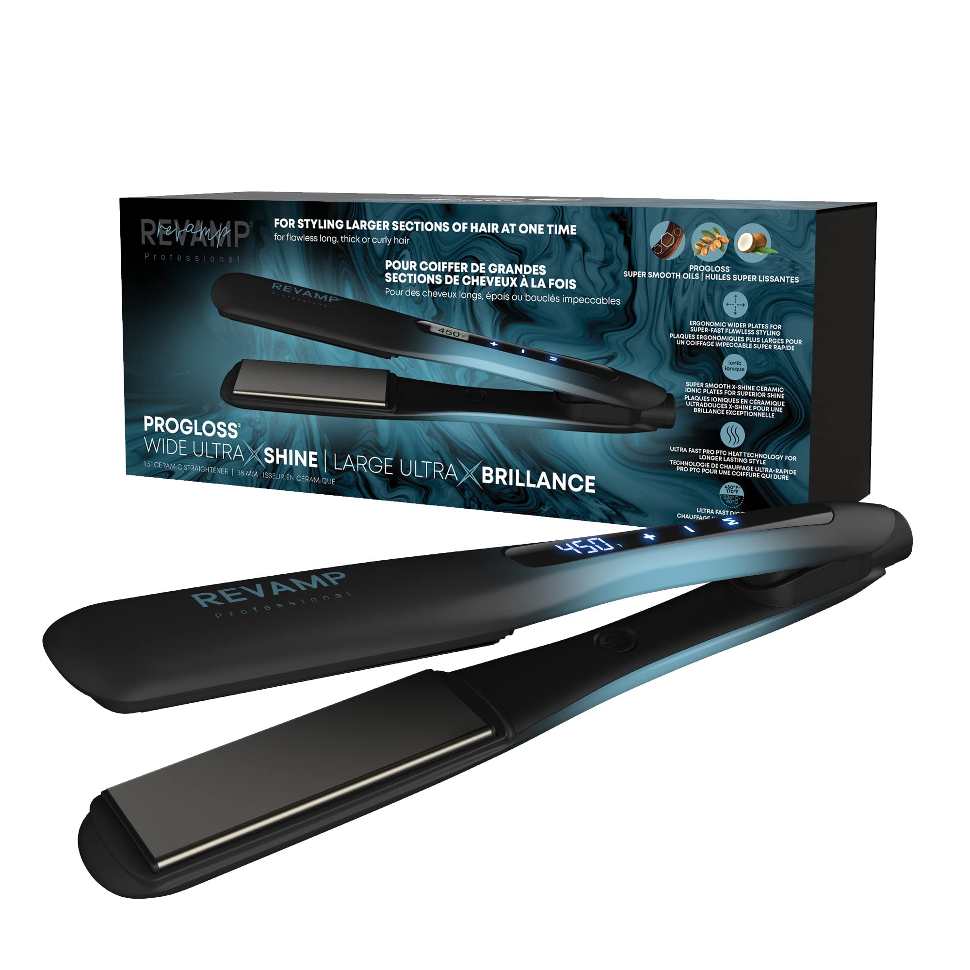Revamp Progloss Wide Ultra X Shine 1.5-Inch Ceramic Flat Iron Hair Straightener with Keratin, Argan & Coconut Oil - Ionic Technology for Long, Thick & Curly Hair - Perfect for Salon-Quality Styling at Home, Travel & Professional Use