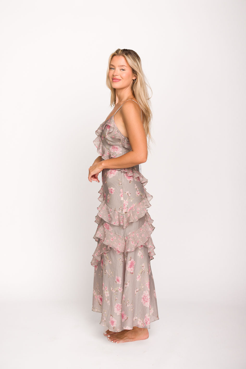 Amelia Ruffle Maxi Dress - Grey & Pink Floral Print Summer Beach Dress for Women | Boho Chic Wedding Guest Outfit & Vacation Dress