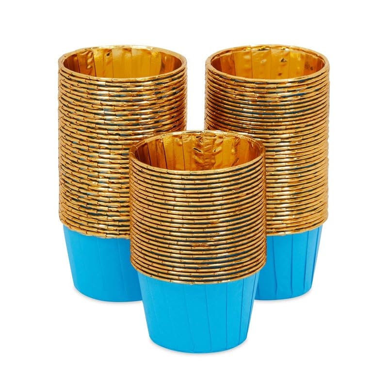 Premium Expandable Muffin Cupcake Liners - Blue Exterior & Gold Interior, Medium Size (50-Pack) | Perfect for Baking, Party Decorations & Gift Packaging