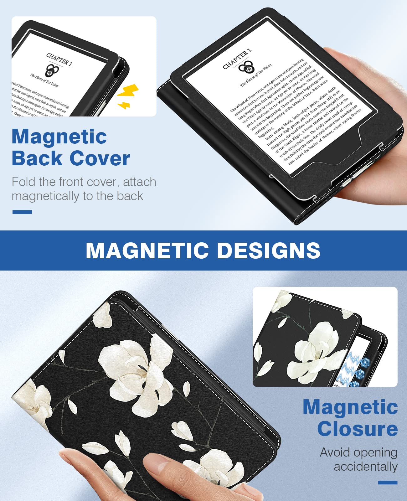 MoKo Premium PU Leather Case for Kindle 11th/10th/8th Generation (2022/2019/2016) - Slim Lightweight Protective Cover with Auto Wake/Sleep - Black & White Magnolia Design - Perfect Gift for Book Lovers | Ideal for Home, Office, Travel, Coffee Shops, Libraries & Airplane Reading | Great for Commuting, Study Sessions, Relaxing with eBooks, Reading in Bed & Work Breaks