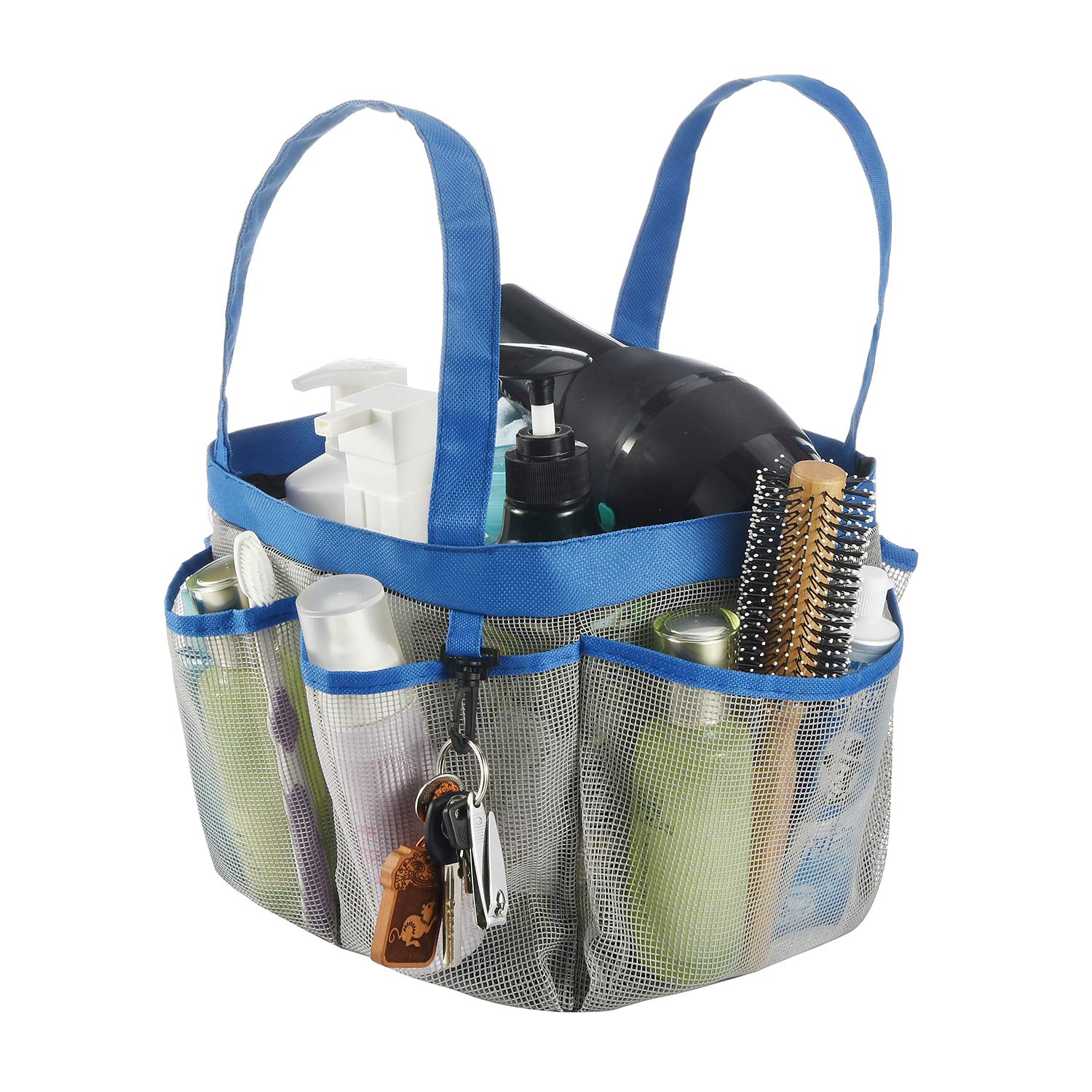 Large Mesh Shower Caddy Basket with 8 Pockets - Dorm & Bathroom Organizer with Key Hook & 2 Oxford Handles - Portable Hanging Tote Bag for College, Camp, Gym, and Travel