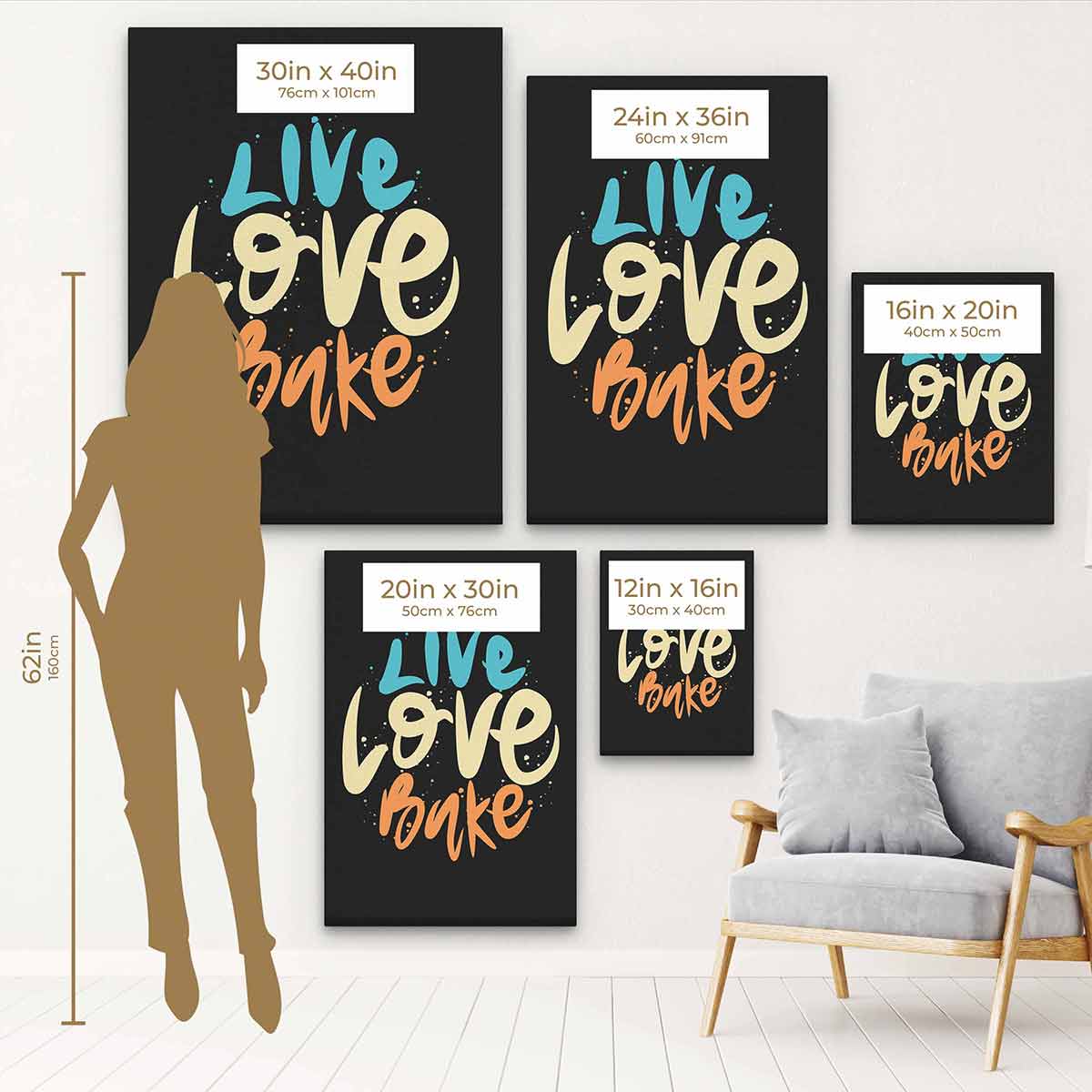 Black Live Love Bake Wall Art Canvas Print - Inspirational Kitchen Decor for Home, Office & Baking Enthusiasts