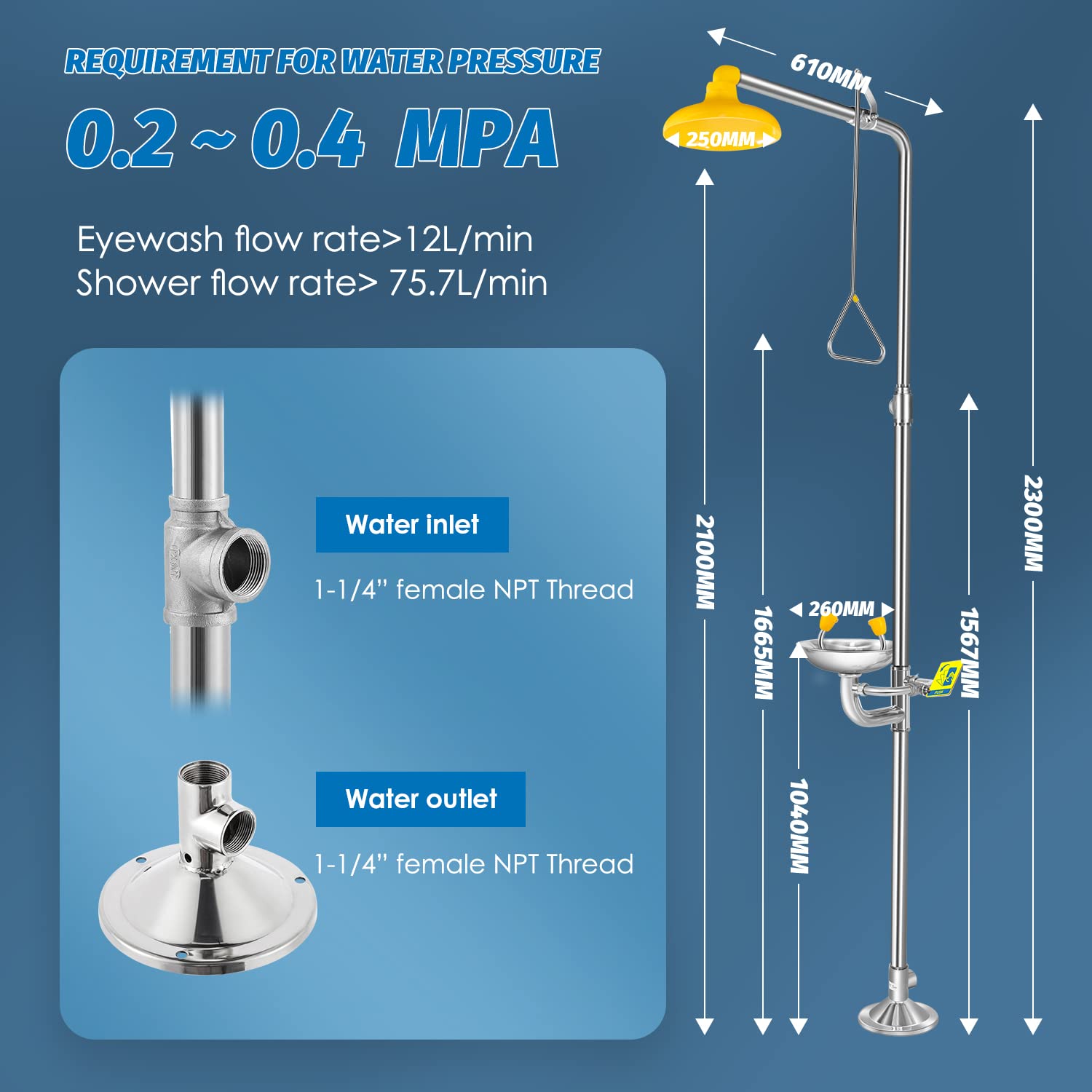 Emergency Eye Wash and Shower Station - OSHA Approved Stainless Steel Safety Equipment with NPT Threads for Industrial, Commercial & Laboratory Use | Perfect for Chemical Spills, Workplace Accidents & First Aid Scenarios