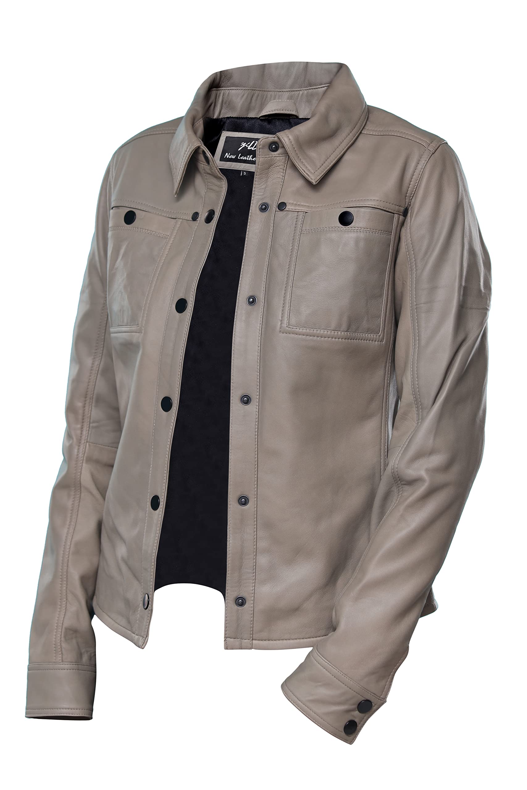 Jild Women's Button Front Lambskin Leather Jacket Shacket - Long Sleeve Casual Shirt Jacket with Bust Pocket | Perfect for Fall Layering, Date Nights & Office Wear