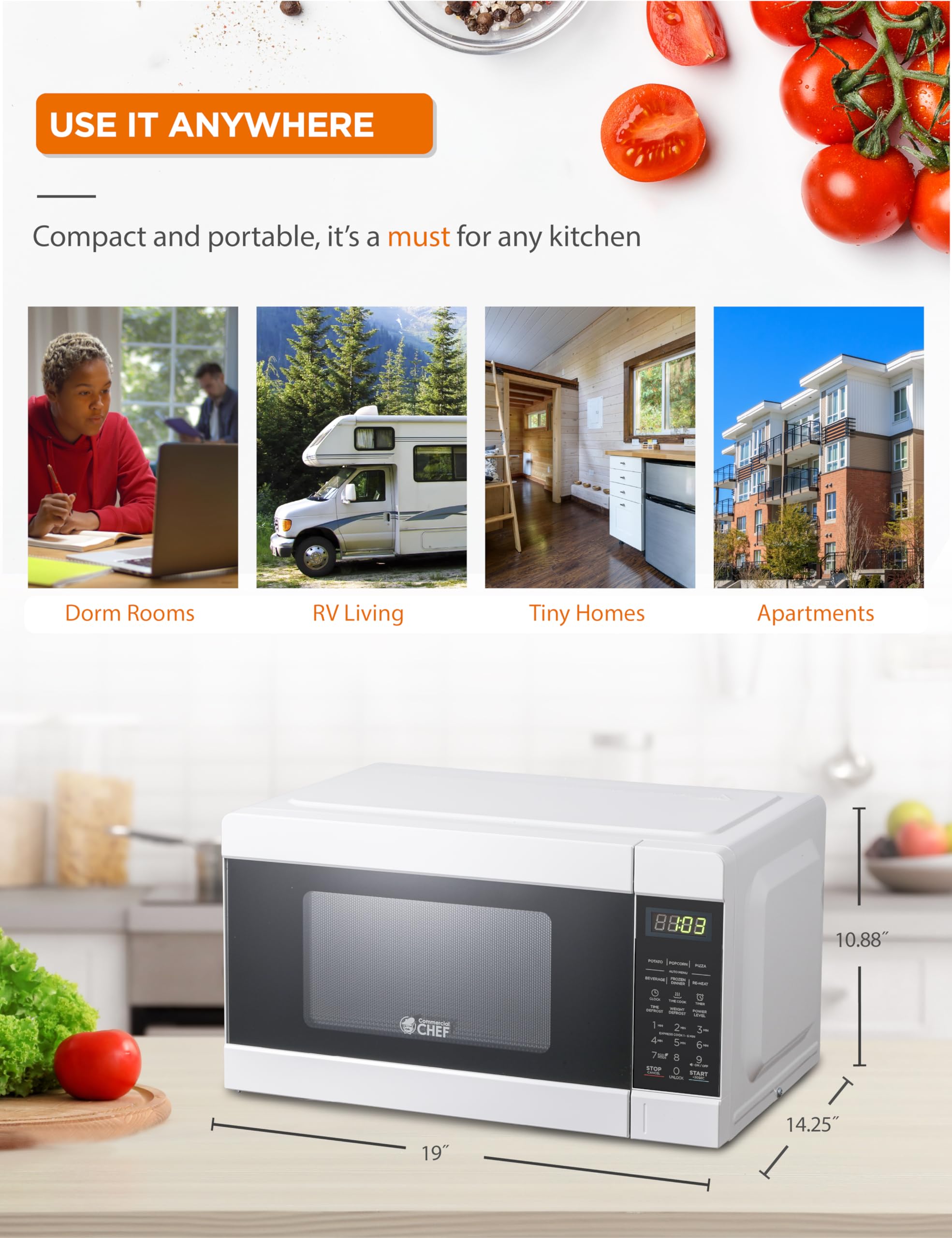 Commercial CHEF CHM990W 900 Watt Countertop Microwave Oven - 0.9 Cu.Ft Compact White Microwave for Small Kitchen, Office, Dorm Room - Fast Heating & Defrosting with 10 Power Levels
