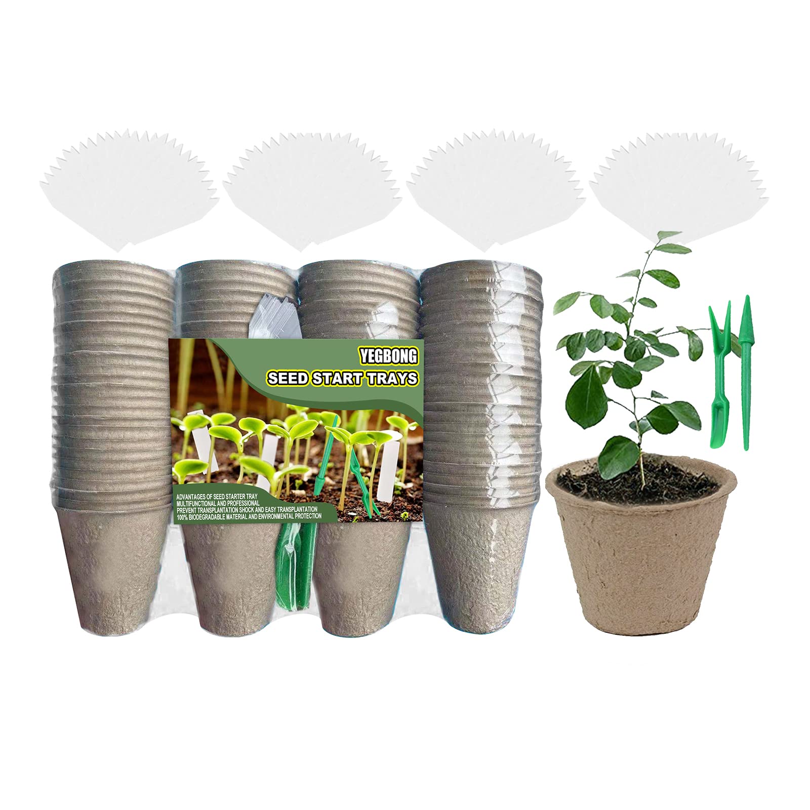 Matybobe YEGBONG 100PCS Biodegradable Seed Starter Pots Kit - Organic Paper Planting Pots for Seedlings with Plant Labels & Transplanting Tools | Indoor Gardening, Herb Growing, Vegetable Planting Starter Kit