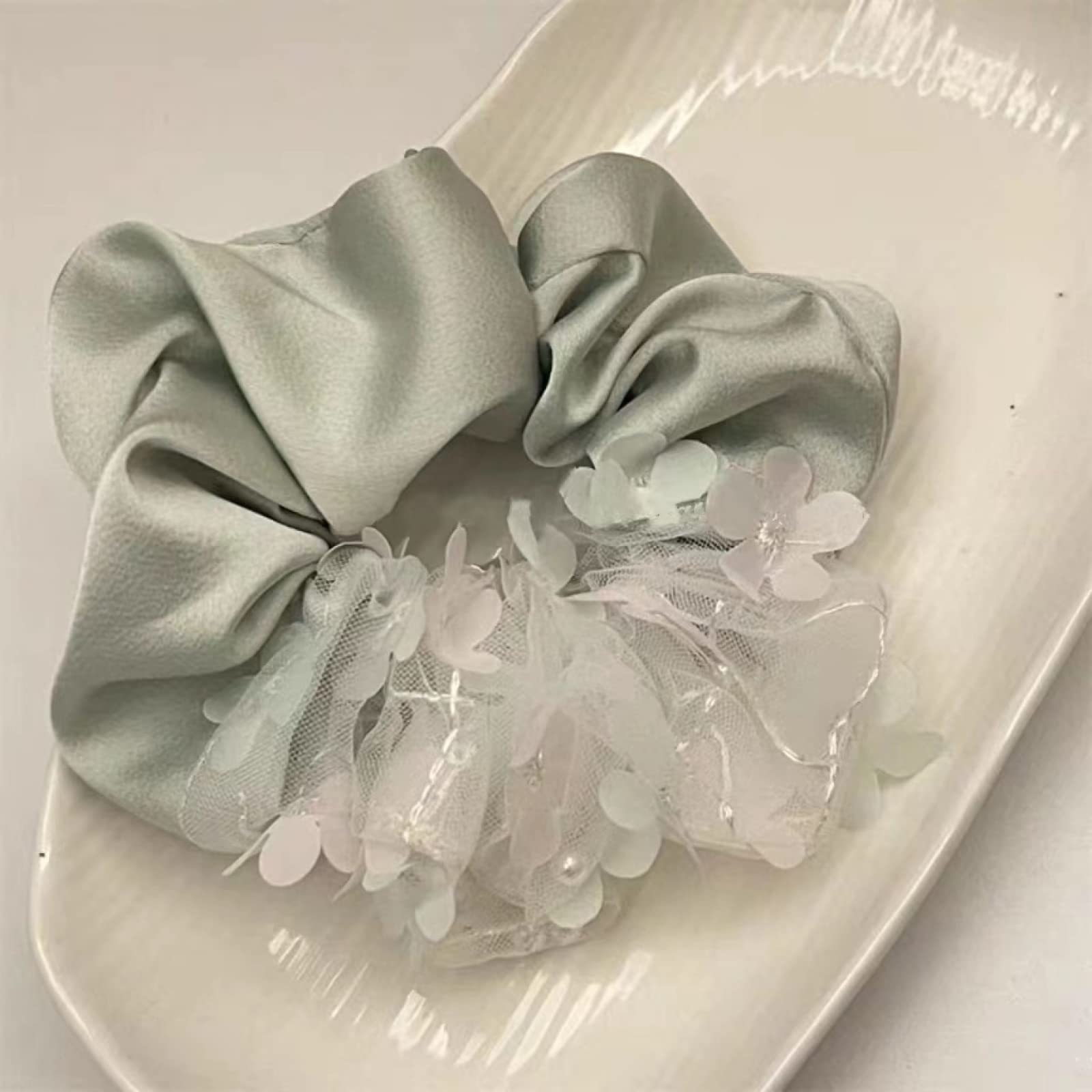 3 Pack Silk Scrunchies for Women - Pearl Flower Hair Ties, Thick Elastic Hair Bands for Ponytails, Buns & Braids (Perfect for Summer, Weddings & Everyday Use)