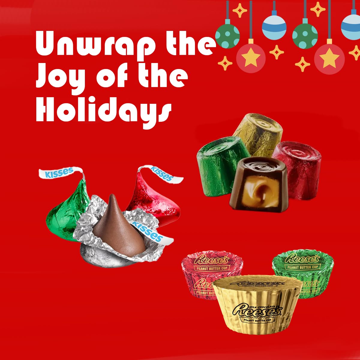 Christmas Holiday Candy Mix - 2LB Festive Assortment of Individually Wrapped Milk Chocolate Kisses, Caramel Rolos & Mini Peanut Butter Cups (Approx 145 Pieces) - Perfect for Holiday Parties, Stocking Stuffers & Gift Baskets