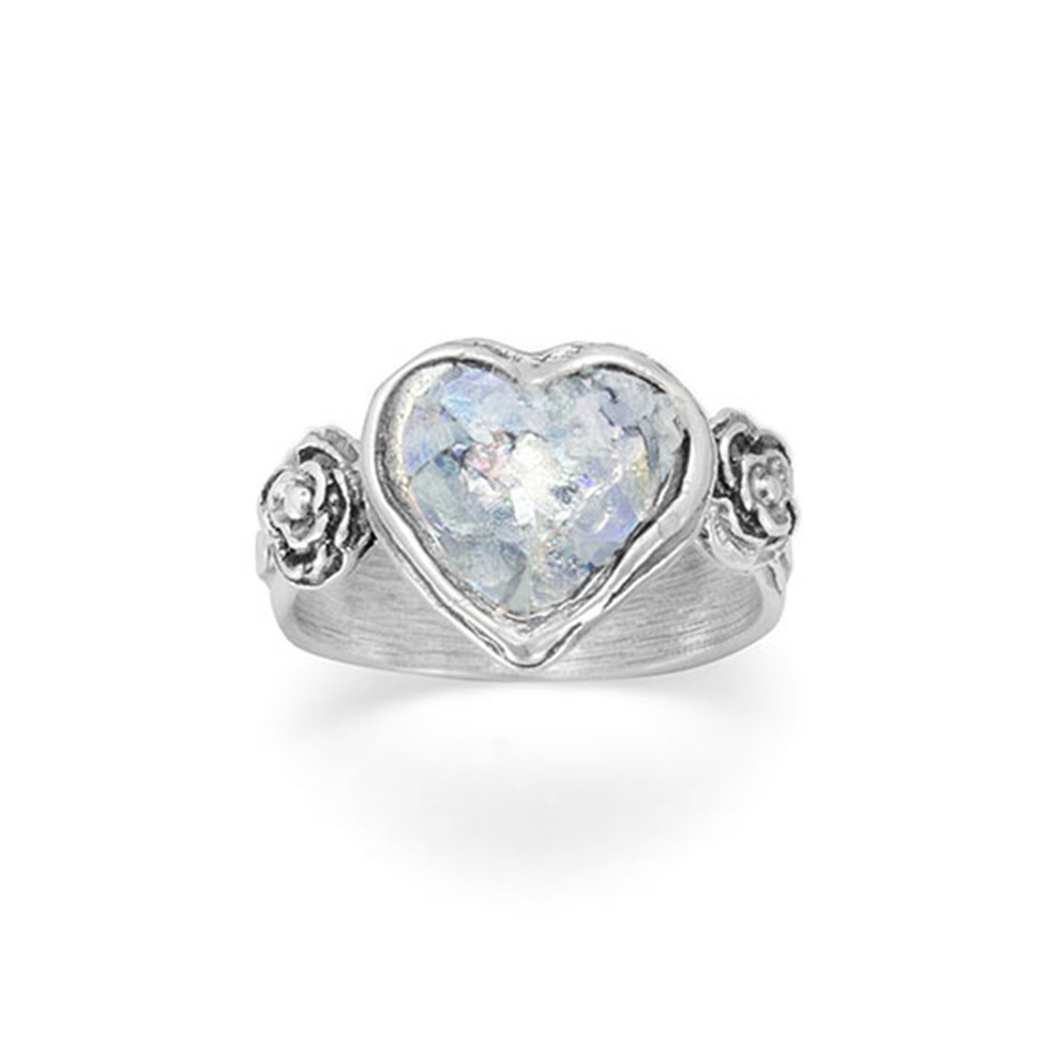 Ancient Roman Glass Ring - Heart & Flower Design in Sterling Silver for Women, Vintage Jewelry Gift for Her, Perfect for Weddings & Special Occasions