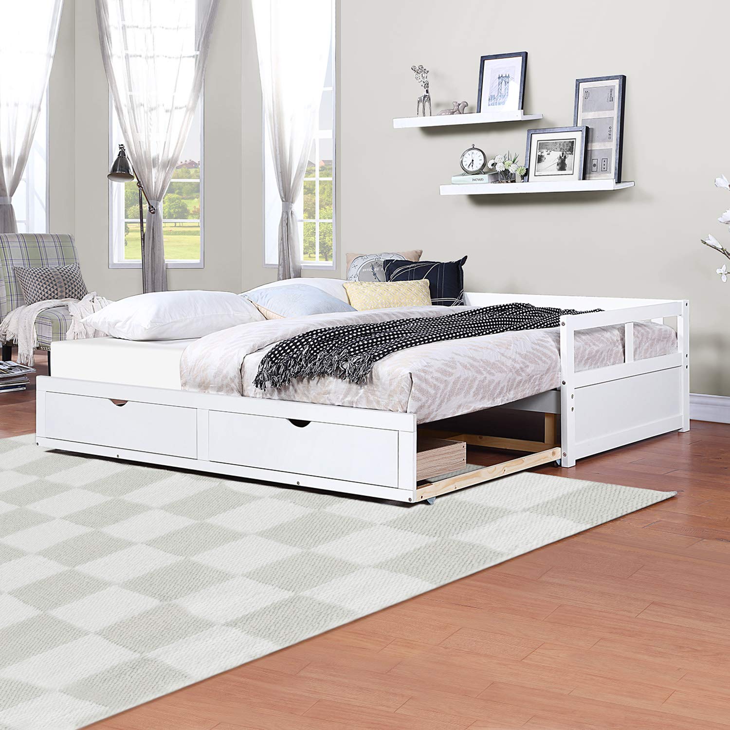 SOFTSEA Twin Daybed Frame with Trundle & 2 Storage Drawers - Wooden Convertible Sofa Bed for Bedroom & Living Room - Space-Saving Furniture for Guest Room, Dorm, Small Apartment (White)