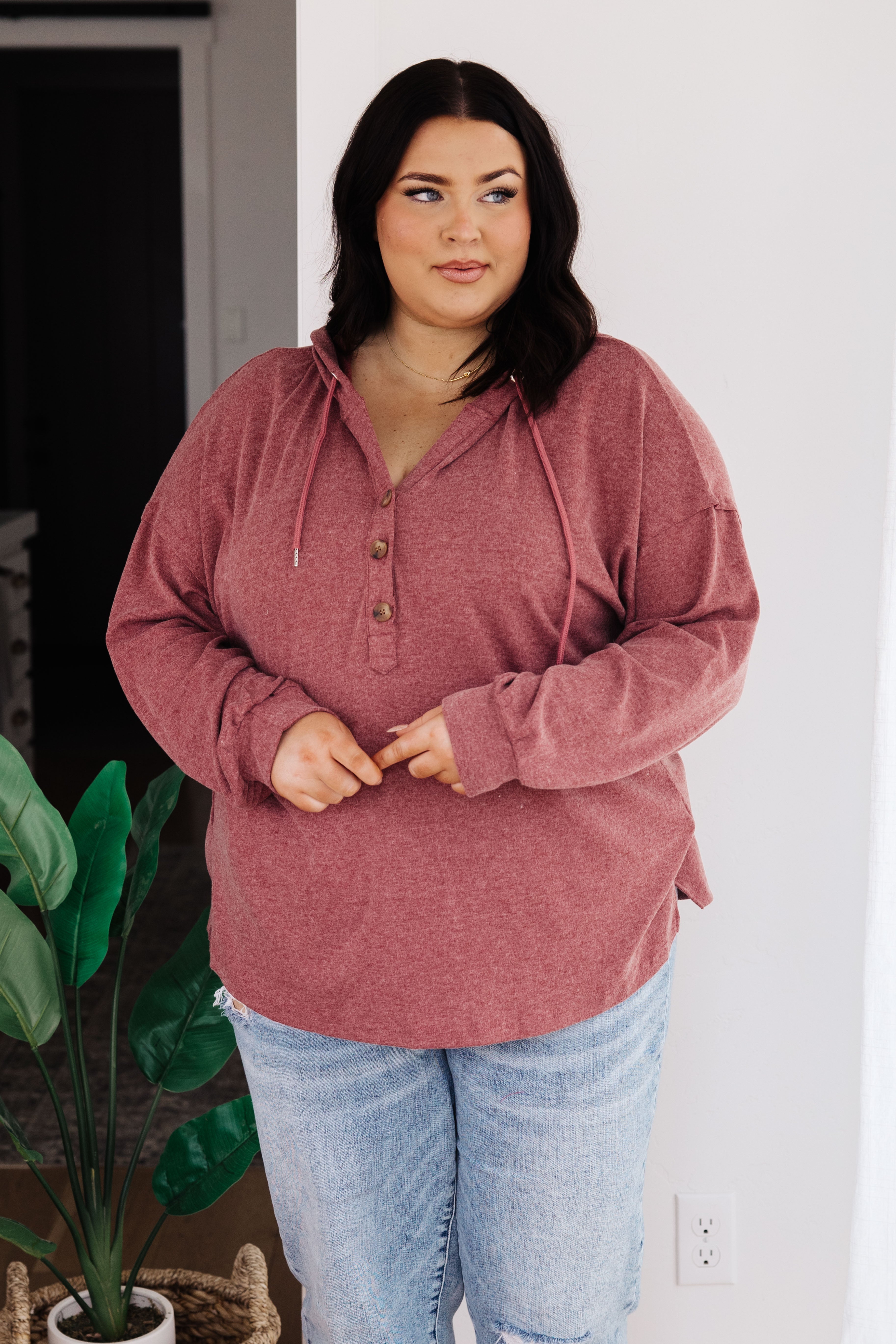 Happier Now Burgundy Henley Hoodie for Men - Soft Cotton Pullover with Front Pocket - Perfect for Casual Wear, Outdoor Activities & Layering