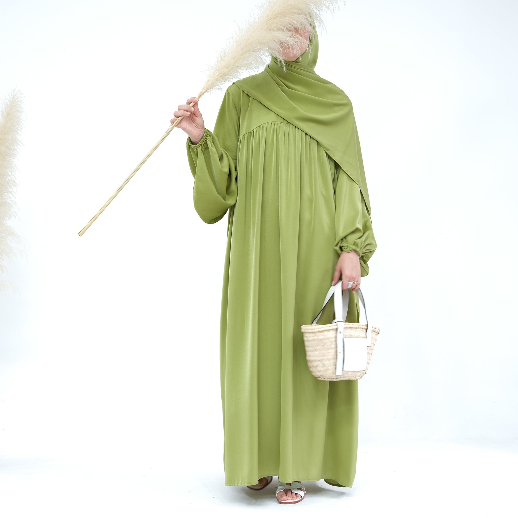 Amelia Satin Abaya Set for Women - Elegant Islamic Prayer Dress in Pistachio Green - Perfect for Eid, Ramadan & Special Occasions