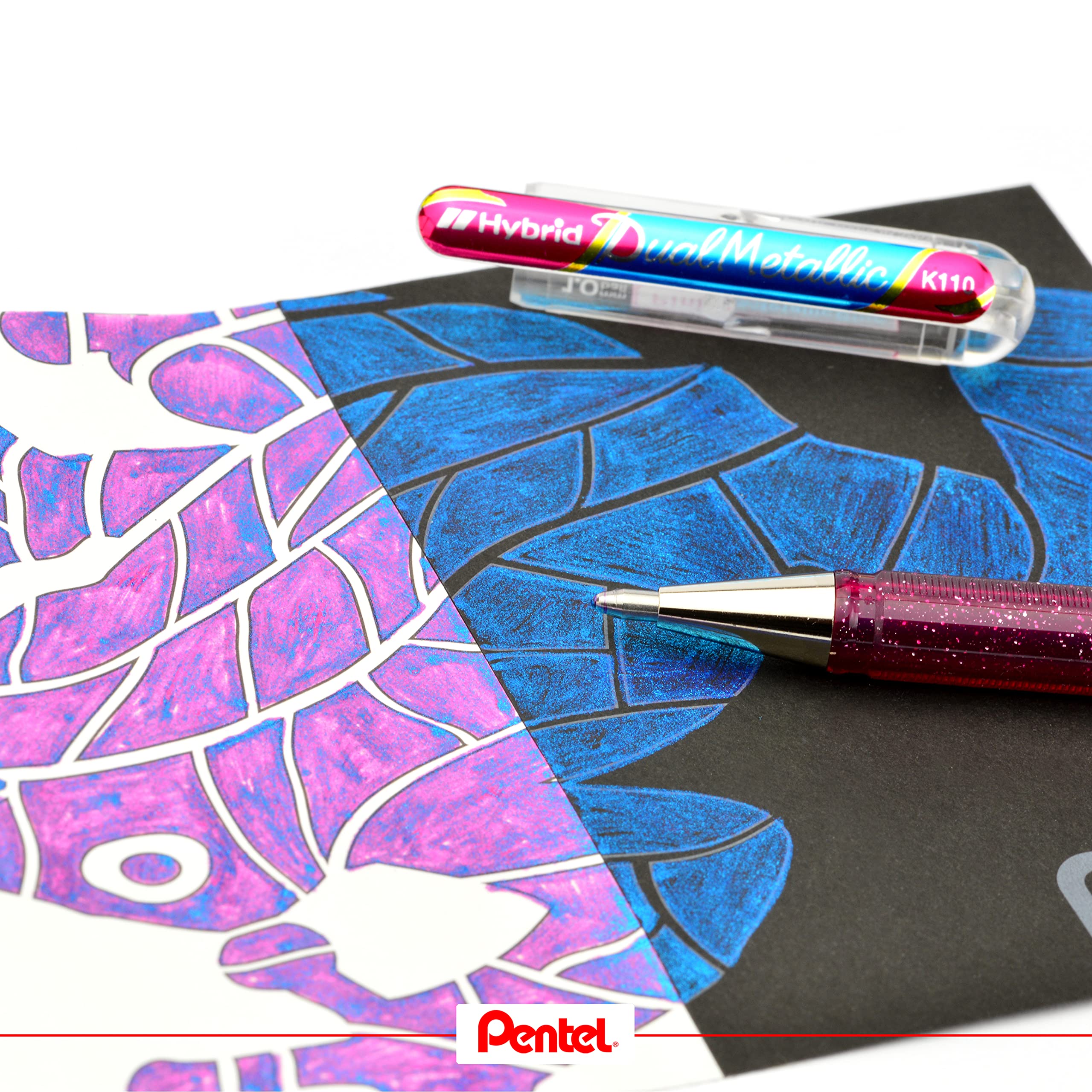 Pentel Hybrid Dual Metallic Gel Ink Rollerball Pens - Pastel Metallic K110 (Light Purple, Red & Metallic Blue) - 12 Pack - Perfect for Journaling, Note Taking & Creative Writing