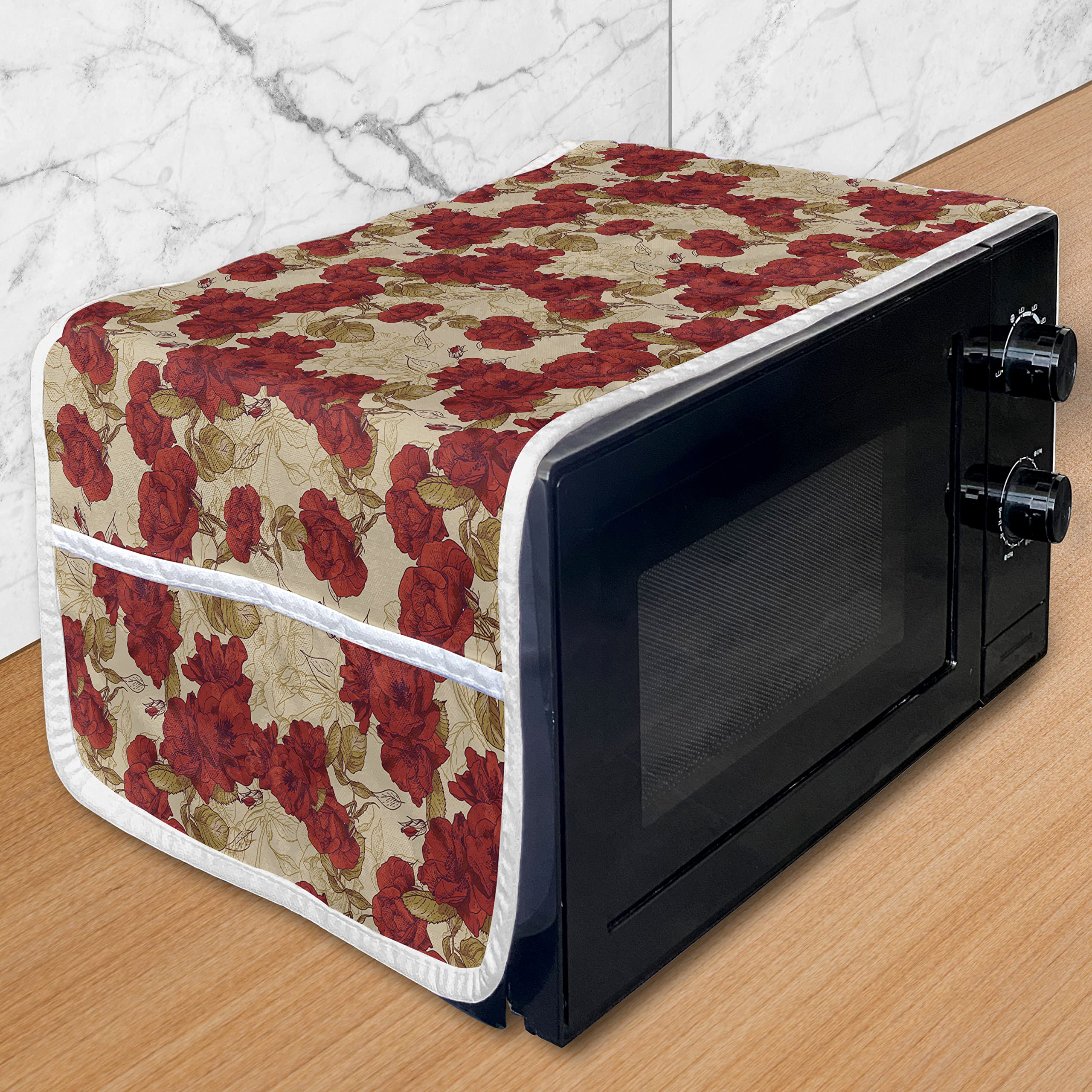 **Ambesonne Vintage Microwave Cover - Romantic Red Rose Floral Design, Waterproof Kitchen Organizer with Pockets, 36