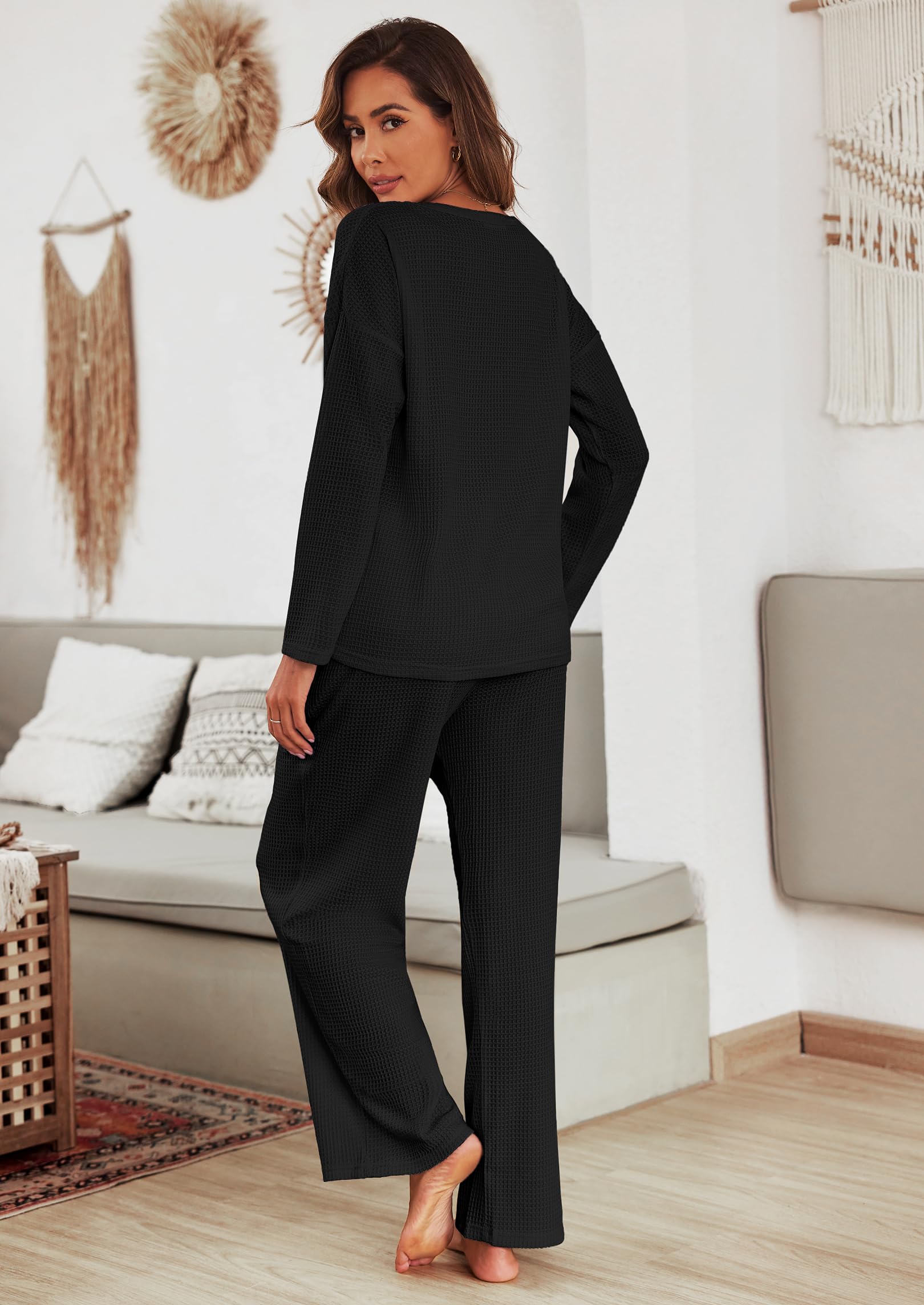 Ekouaer Women's Waffle Knit Pajama Set - Soft Long Sleeve Lounge Pajamas with Pockets, 2 Piece Matching Sleepwear for Women | Cozy Nightwear for Sleeping, Lounging & Relaxing at Home