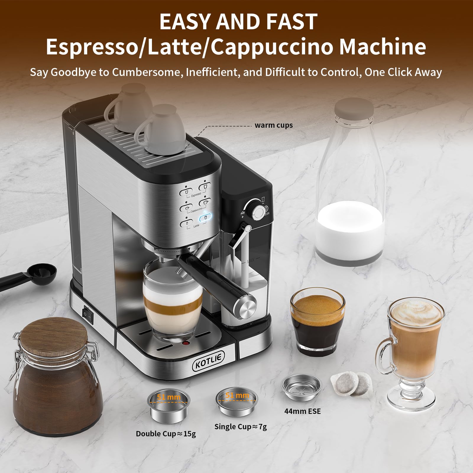 KOTLIE Automatic Espresso Coffee Machine with Milk Frother - 20Bar Pressure, Dual Heat System (1350W & 900W), ESE Pod Compatible for Espresso/Cappuccino/Latte - Perfect for Home, Office & Coffee Shops (120V, Metal)