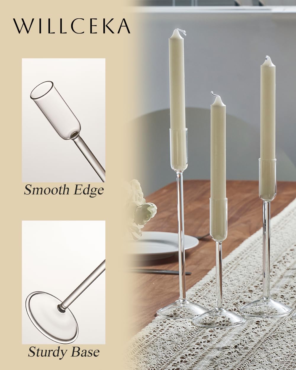 Glass Taper Candle Holders Set of 6 - Clear Tall Candlesticks in 3 Heights for Wedding Centerpieces, Party Decor, Dining Table & Home Decoration