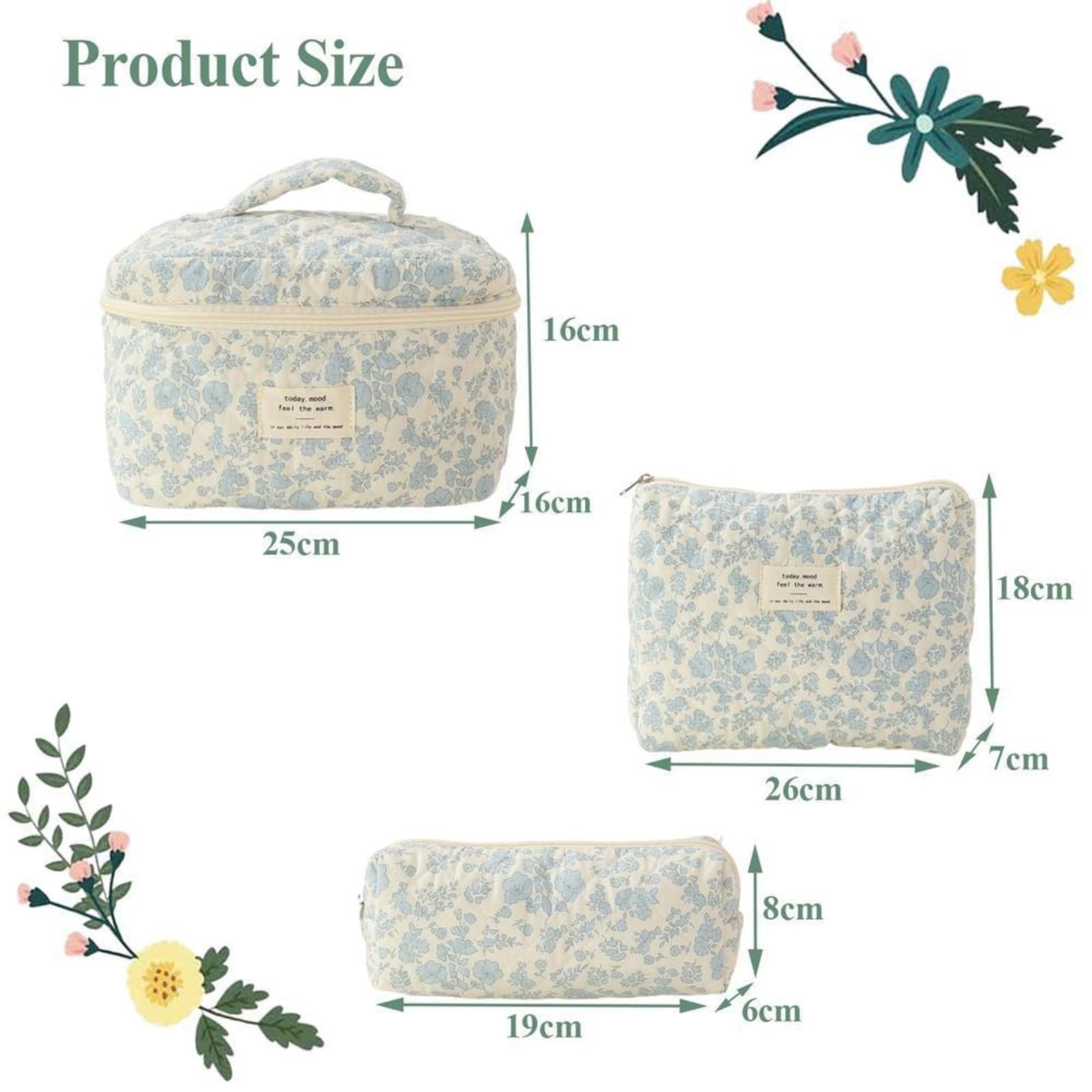 Cute Floral Quilted Makeup Bag Set - 3 Pack Aesthetic Cosmetic Organizer for Travel, Toiletries & Daily Essentials (Blue Floral) - Perfect for Vacation, Gym & College Dorm Organization