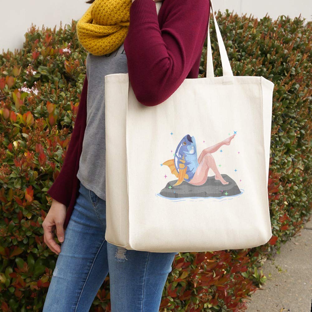 Funny Reverse Mermaid with Tuna Head Design - Reusable Grocery Tote Bag for Shopping, Beach & Travel | Eco-Friendly Cotton Canvas Carryall