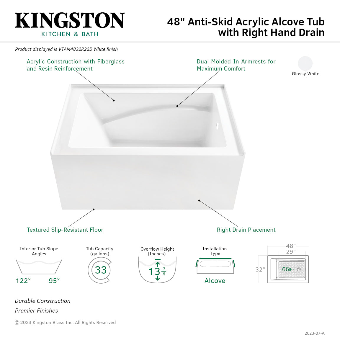 Aqua Eden 48 Inch Acrylic Rectangular 3-Wall Alcove Bathtub - Right Hand Drain, Anti-Skid Surface, Glossy White - Perfect for Small Bathrooms & Modern Home Spa Experience