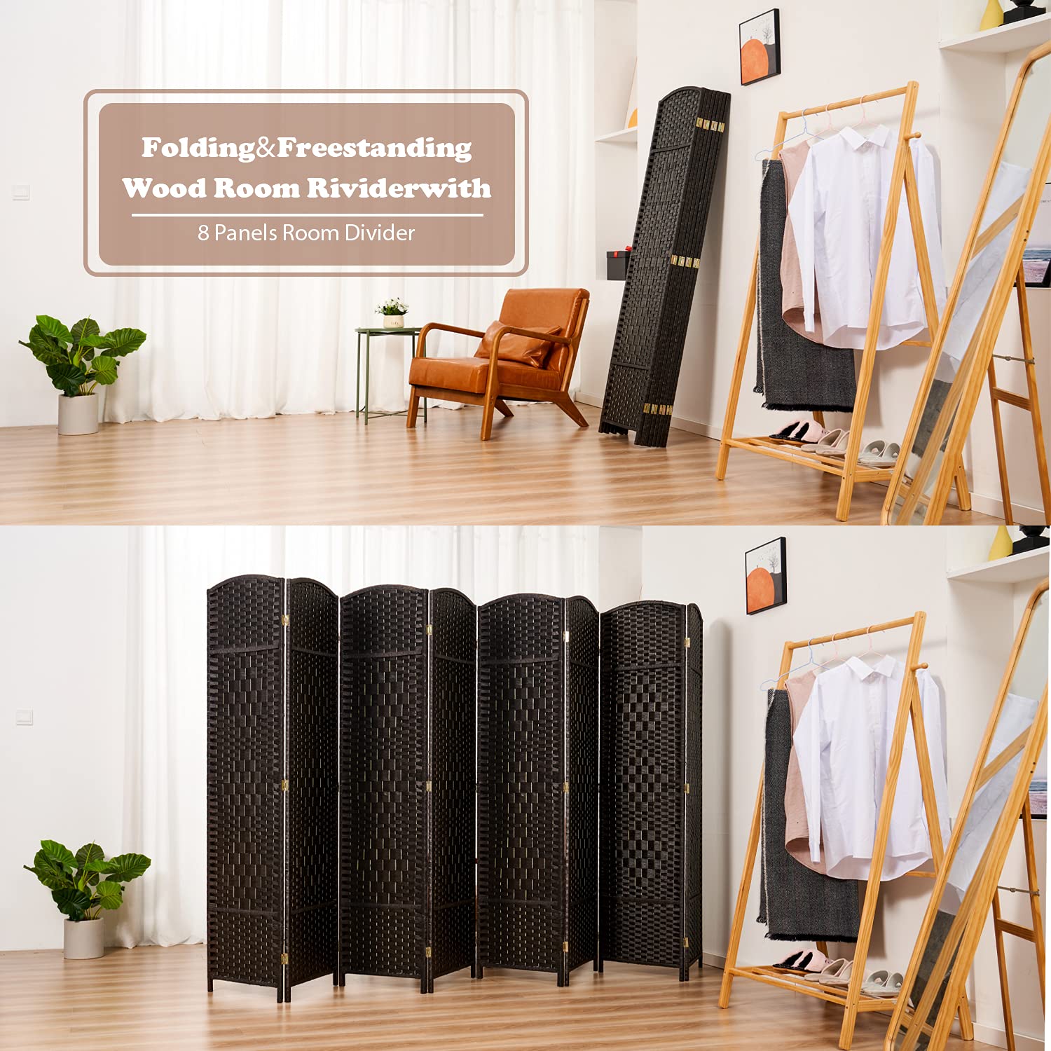 8 Panel Freestanding Room Divider - 6ft Folding Privacy Screen for Home & Office - Indoor/Outdoor Use (Coffee Brown) - Perfect for Living Rooms, Bedrooms, Patios & Workspaces
