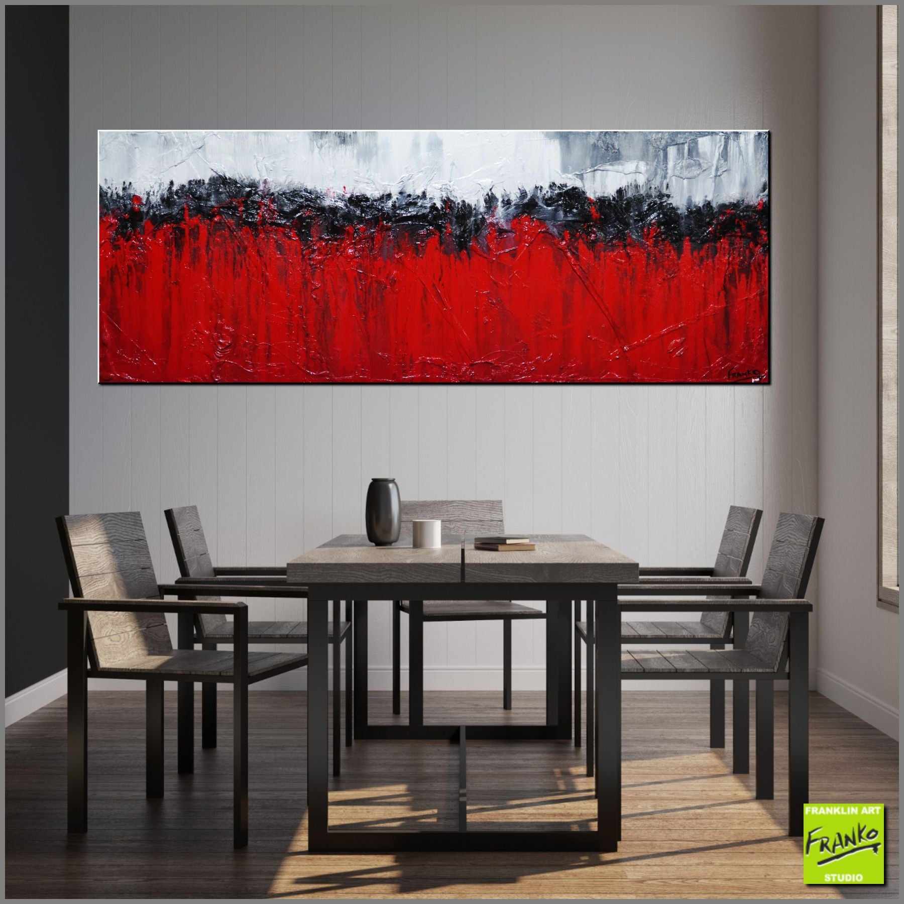 Flaming Red 160x60cm Abstract Textured Painting - White, Red, Black Wall Art for Modern Living Room & Office Decor