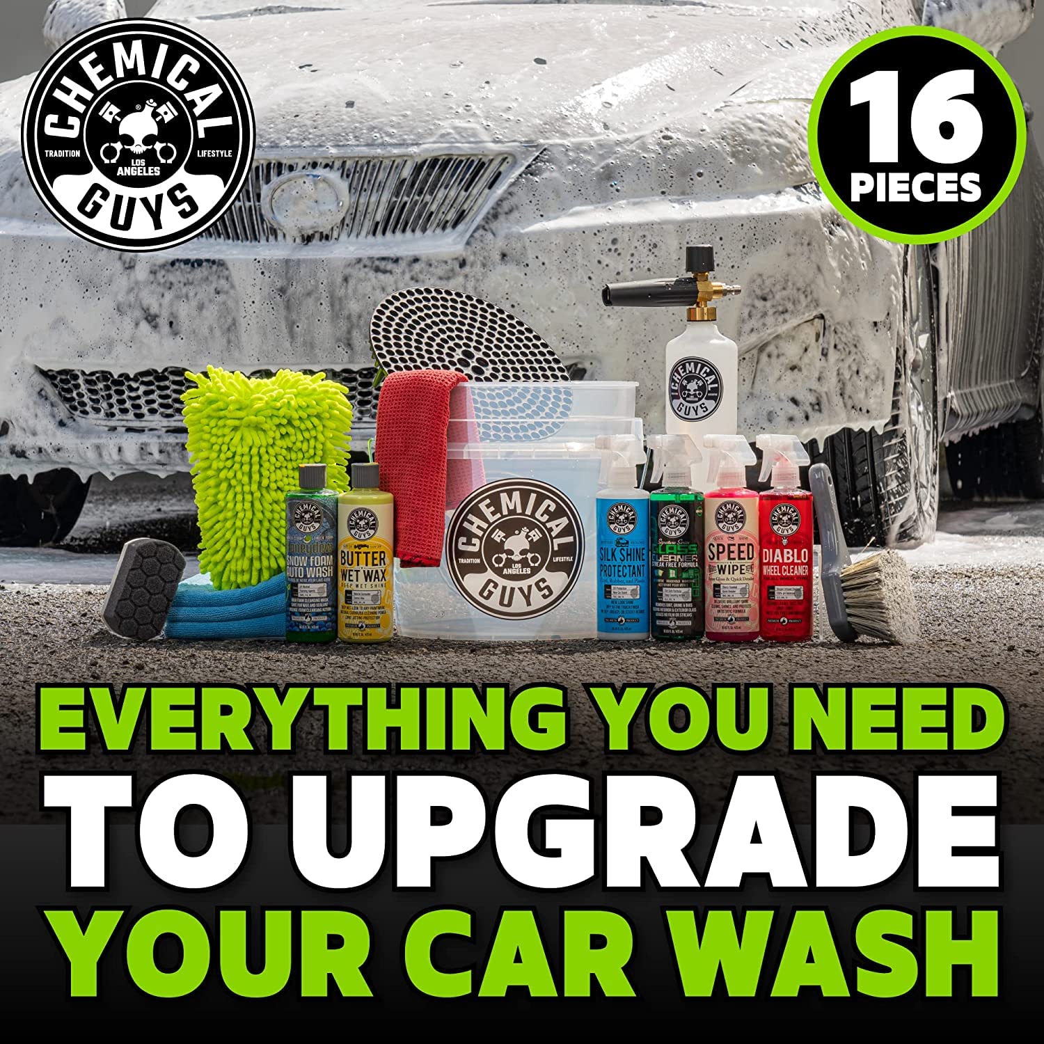 Chemical Guys HOL169 16-Piece Car Wash Kit with Foam Cannon, Bucket & 6 Cleaning Chemicals (16oz Each) - Perfect for Car & Truck Lovers, DIY Detailing & Pressure Washer Use - Ideal Gift for Dad, Birthday & Car Enthusiasts - Complete Auto Detailing Kit for Home & Professional Use