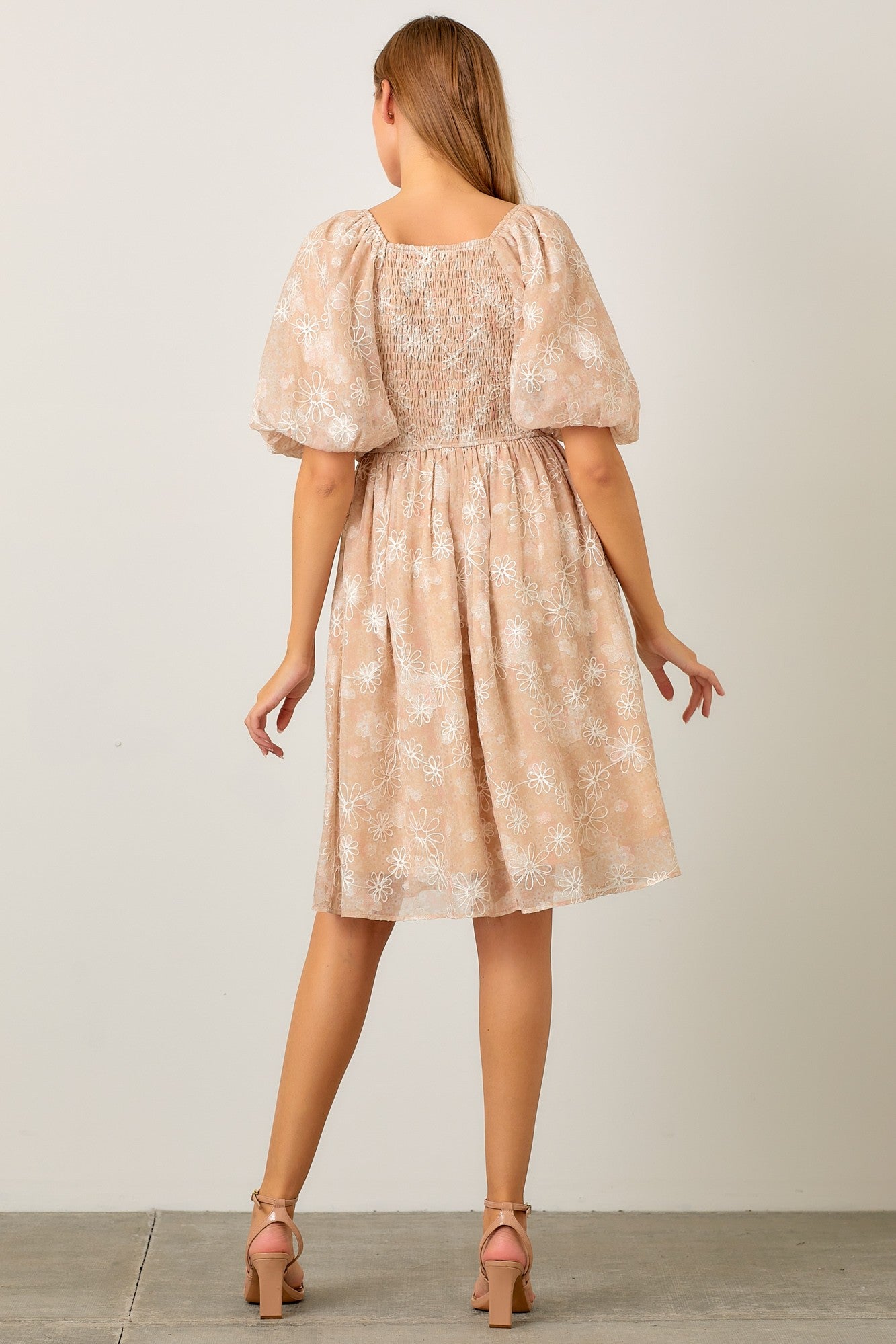 Beige Floral Embroidered Short Puff Sleeve Dress for Women - Summer Casual Boho Chic Midi Dress for Beach, Wedding & Party Occasions