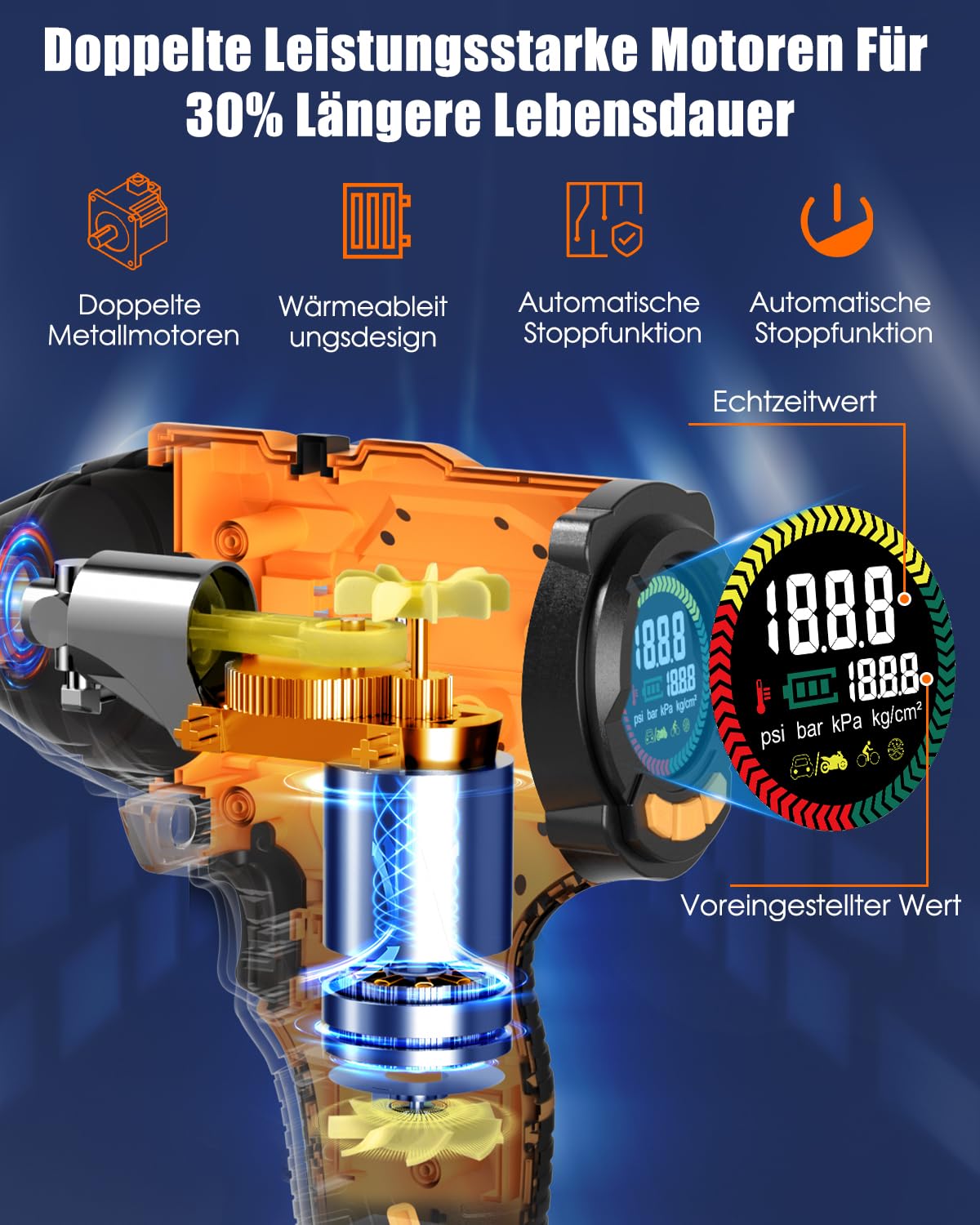 AUTDER Portable Air Compressor, Cordless Tire Inflator 180 PSI with Dual Power Source, 21V Battery/12V DC, Digital Pressure Gauge, Auto Shut-Off - Perfect for Cars, SUVs, Bikes & Inflatables On The Go (Yellow-Black)