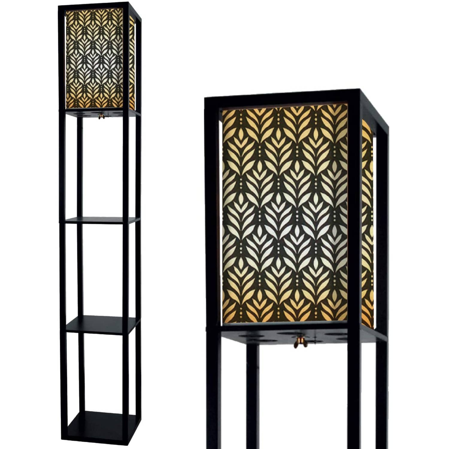Elegant Damask Floral Seamless Decorative Floor Lamp with Shelves & Flaxen Fabric Shade - Tall Standing Corner Lamp for Living Room, Bedroom, Office | Modern Art Deco Lighting for Home Decor & Reading Nook