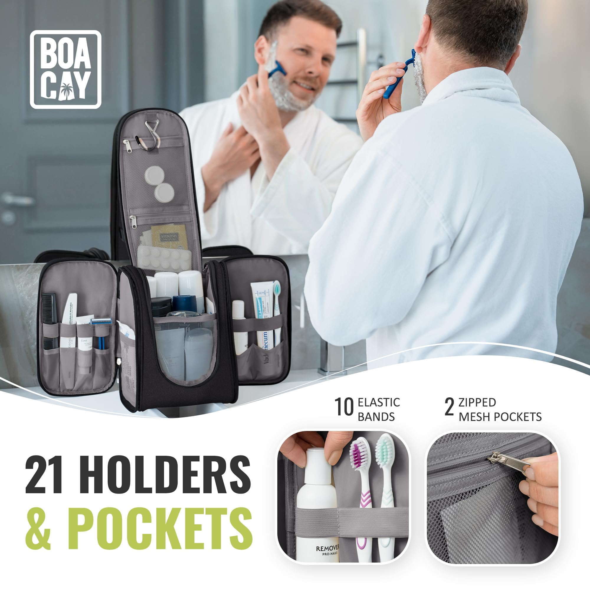 BOACAY Hanging Travel Toiletry Bag for Women & Men - Waterproof Makeup Organizer with Multiple Pockets - Perfect Cosmetic & Shower Essentials Storage for Bathroom, Camping, Gym & Business Trips