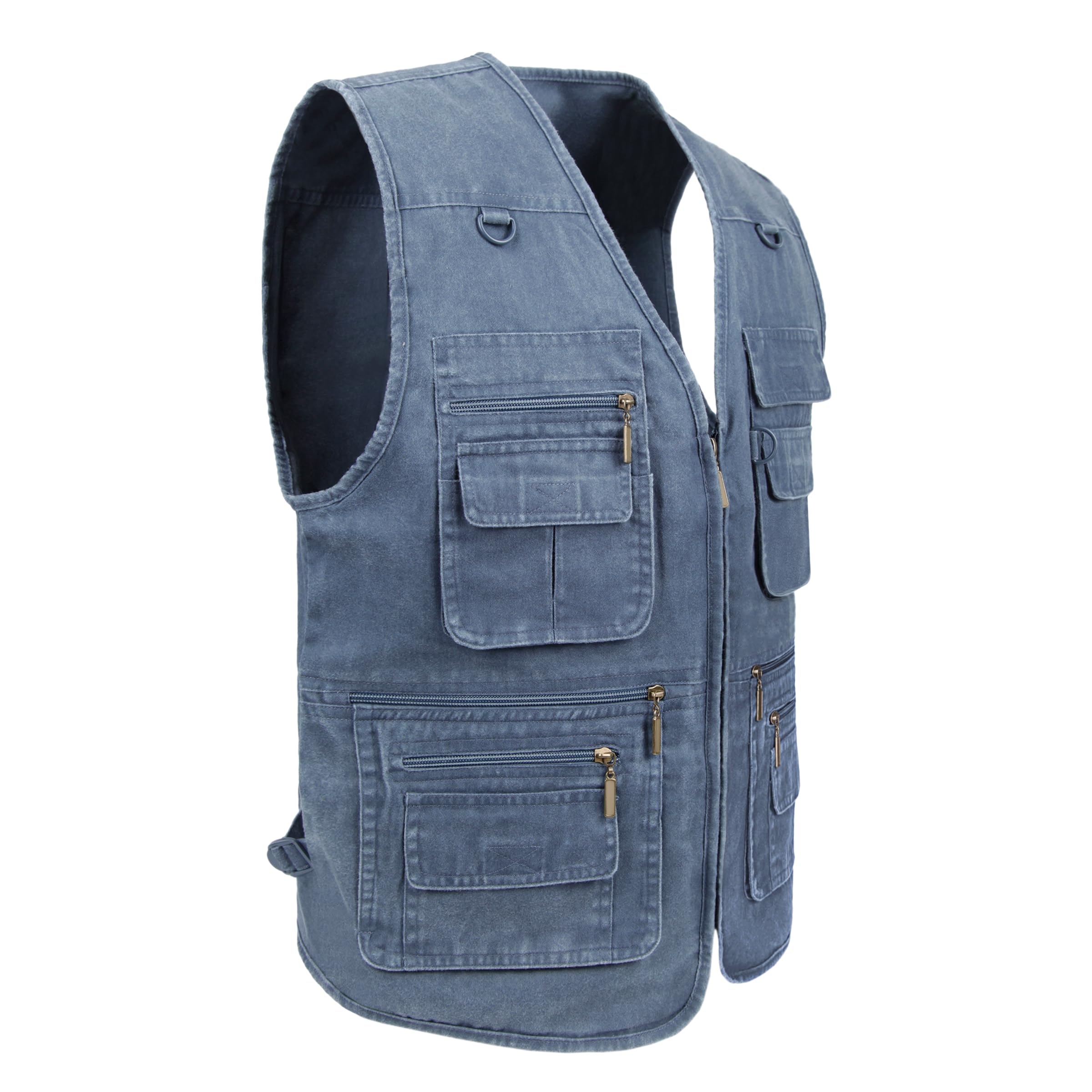 Men's Stone Washed Denim Fishing Vest with Multiple Pockets - Durable Workwear for Outdoor Activities, Camping & Hiking