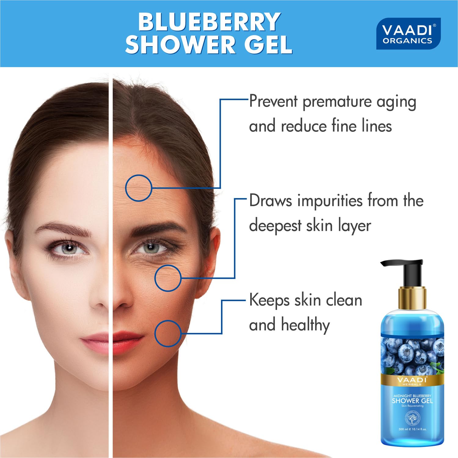 Vaadi Herbals Midnight Blueberry Shower Gel - 300ml | Natural & Moisturizing Body Wash for Dry Skin | Perfect for Relaxing Bath & Aromatherapy at Home